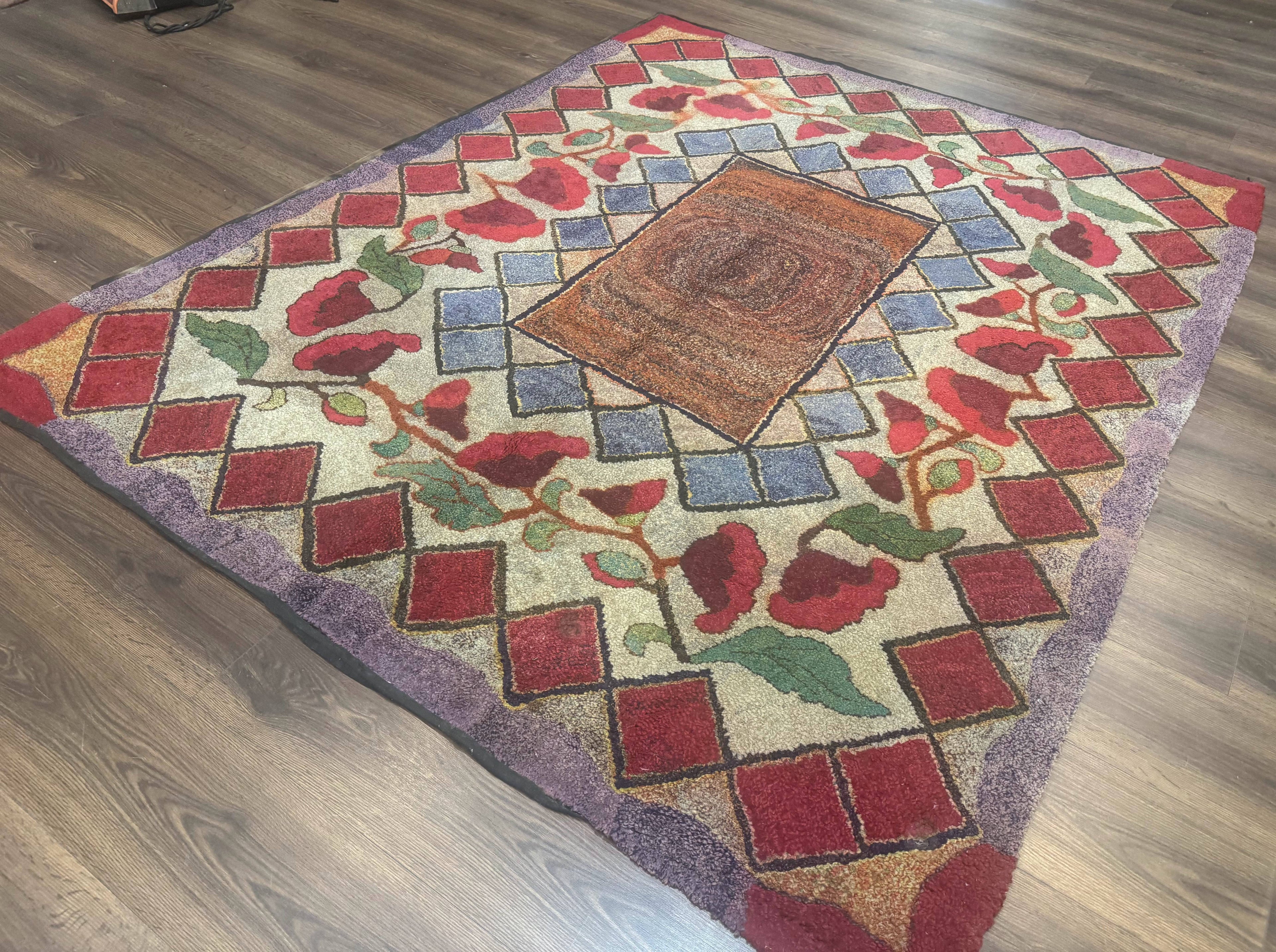 Vintage American Hooked Rug 6x7, Unique Colors, Red Lavender Cream, Abstract
