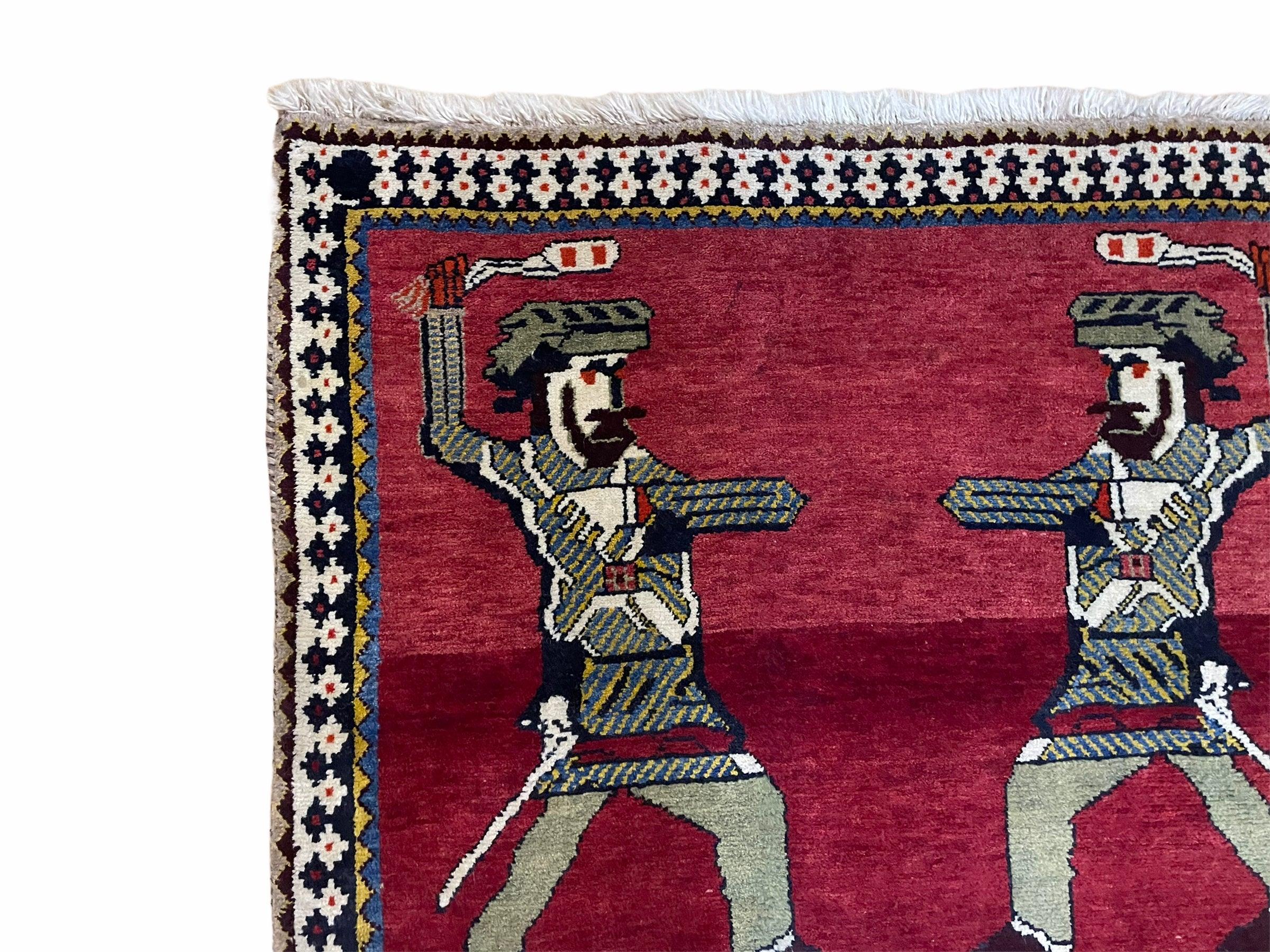 3 X 6 Handmade Wool Rug Tribal Balouch Warriors Deer Animal Pictorial Red Swords