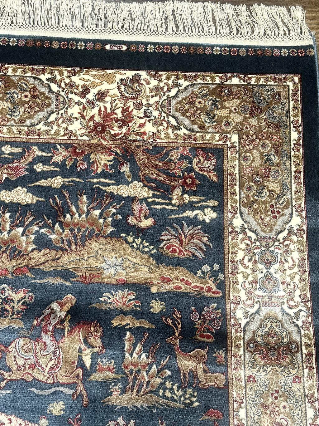 Turkish Silk Hunting Scene Rug 2.6 x 5, Dark Steel Blue & Ivory, Bamboo Silk, New
