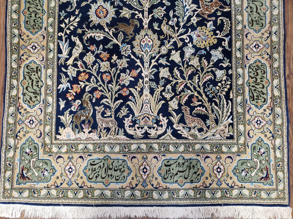 Semi Antique Persian Qum Tree of Life Rug, Hand-Knotted, Wool, Midnight Blue and Tan, Animal Pictorials, Written Poem in Borders, 4' 8" x 7' 8"