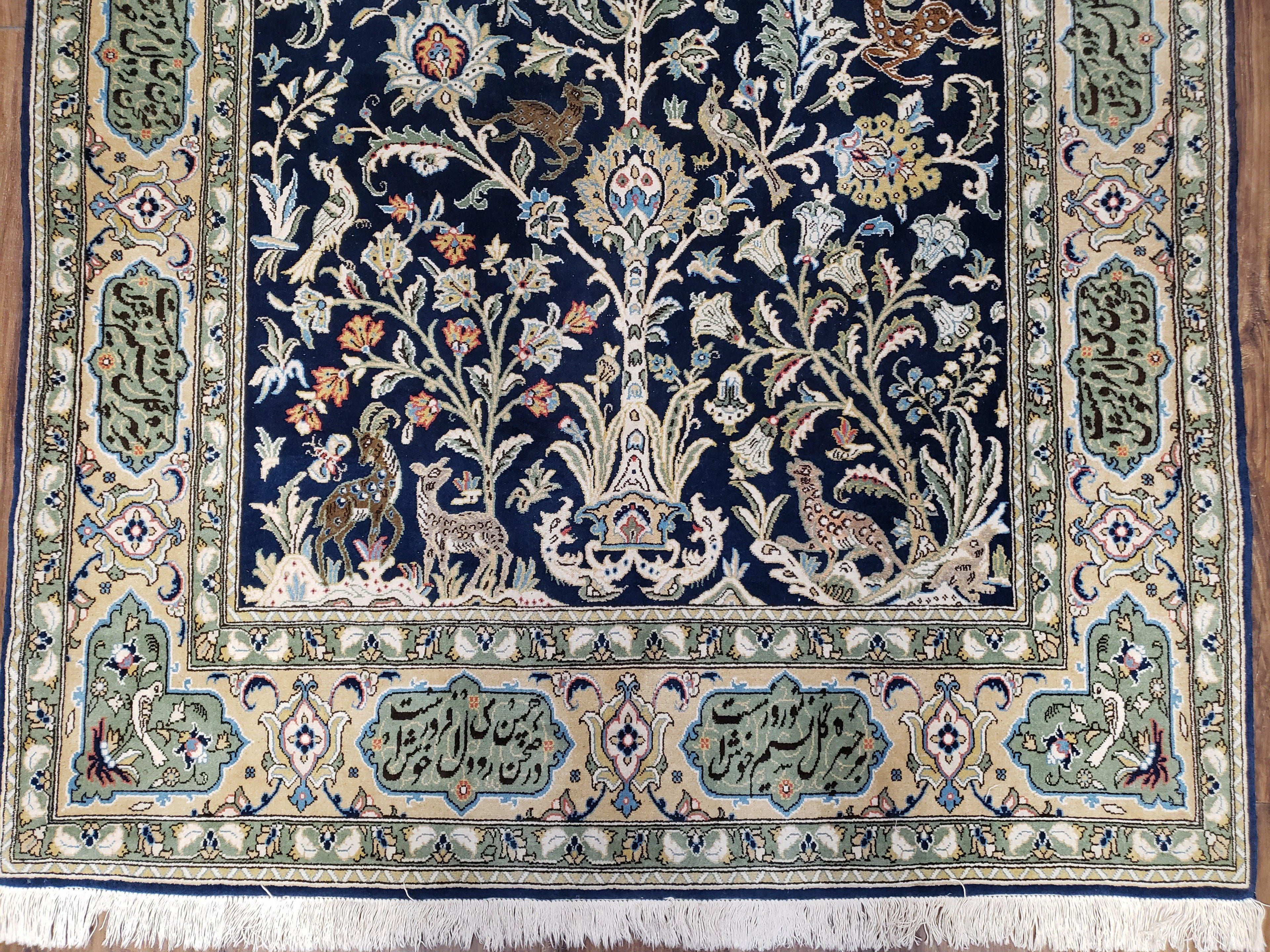 Semi Antique Persian Qum Tree of Life Rug, Hand-Knotted, Wool, Midnight Blue and Tan, Animal Pictorials, Written Poem in Borders, 4' 8" x 7' 8"