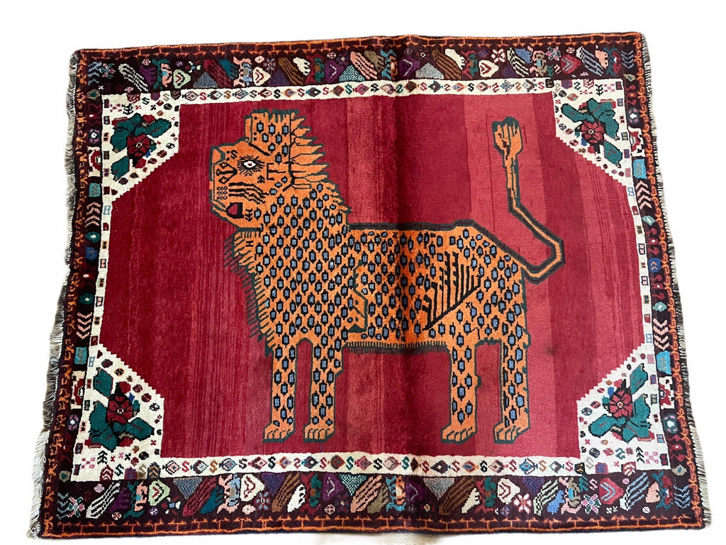 Antique Persian Gabbeh Wool Rug 4x5, Lion Pictorial Rug, Red Orange Black, Hand Knotted Handmade Vintage Gabbeh Carpet 4 x 5 ft, Tribal Rug