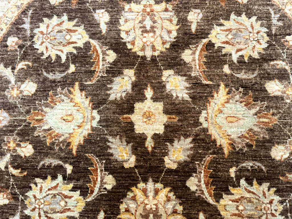 Round Pakistani Rug 6x6, Brown and Beige, Floral, Peshawar Rug, Traditional