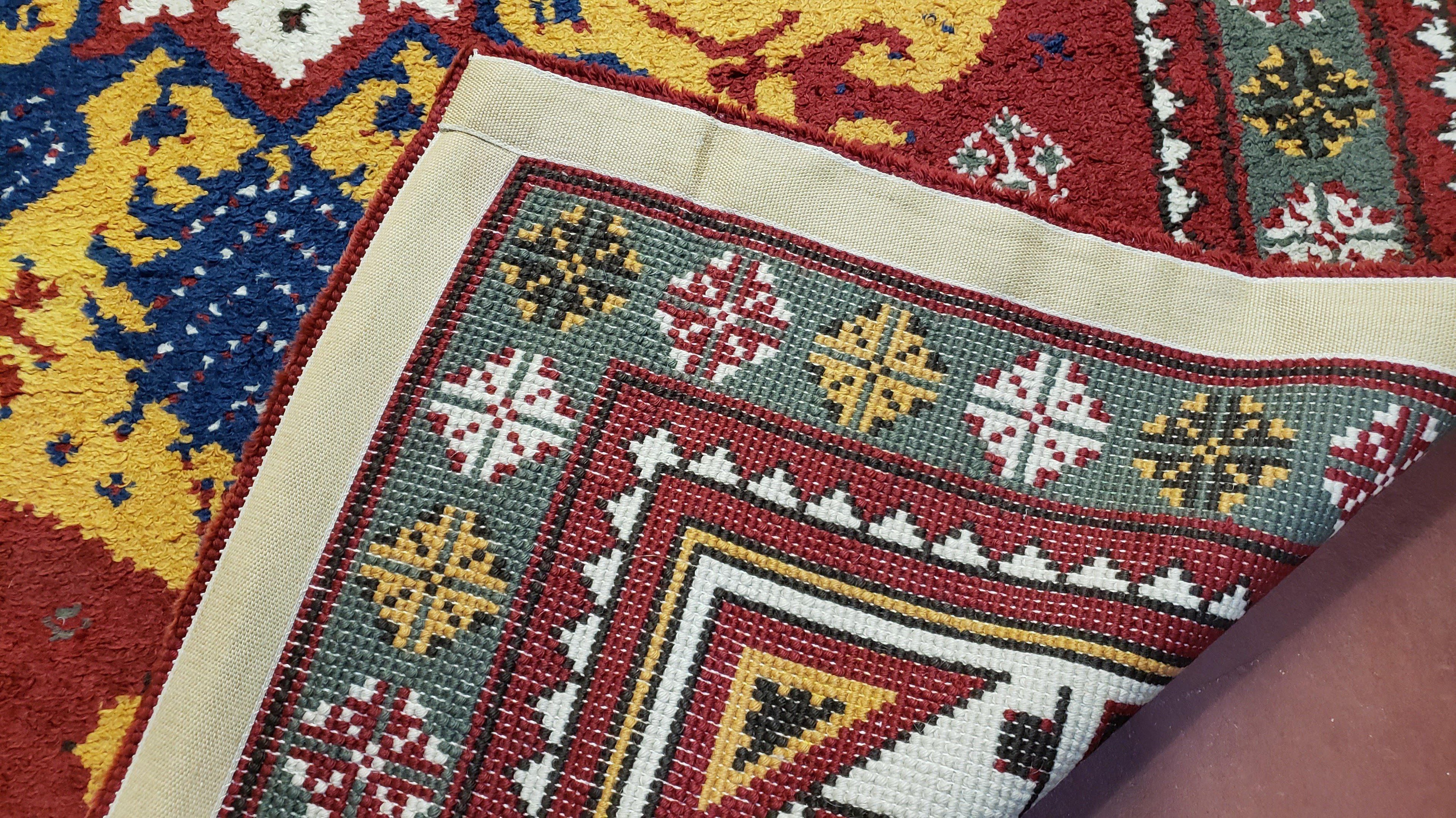 Colorful Moroccan Heriz Rug 6x9, Large Central Medallion, Red Yellow Blue