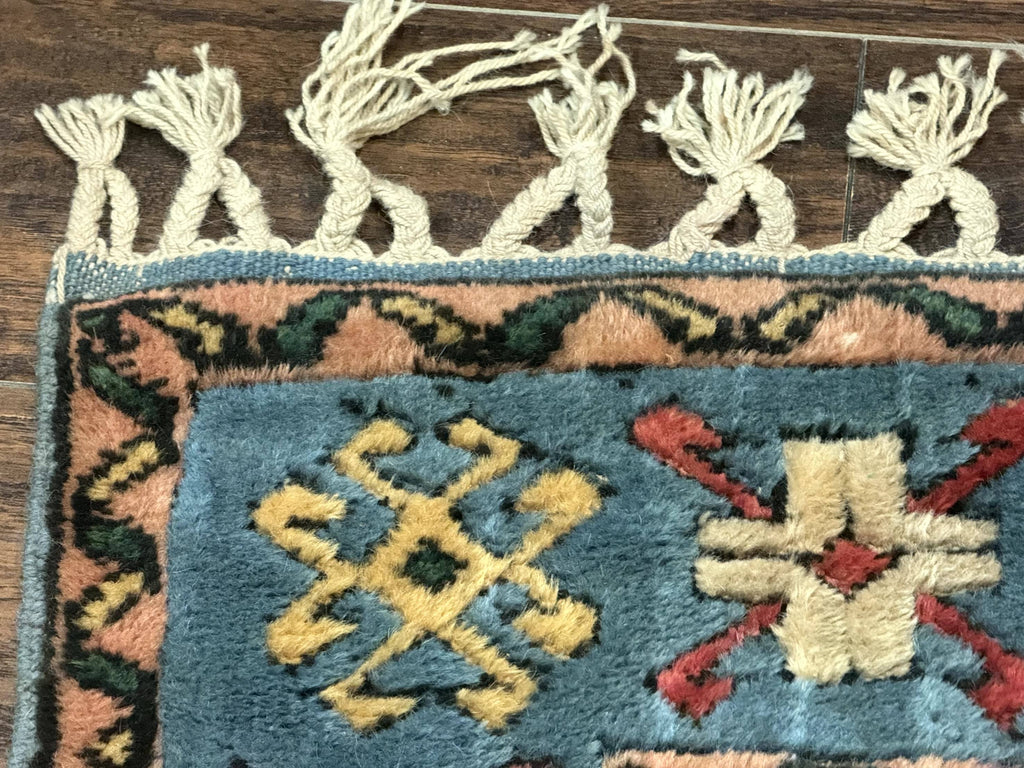 Turkish Kazak Runner Rug 3x11, Cream and Light Blue, Vintage