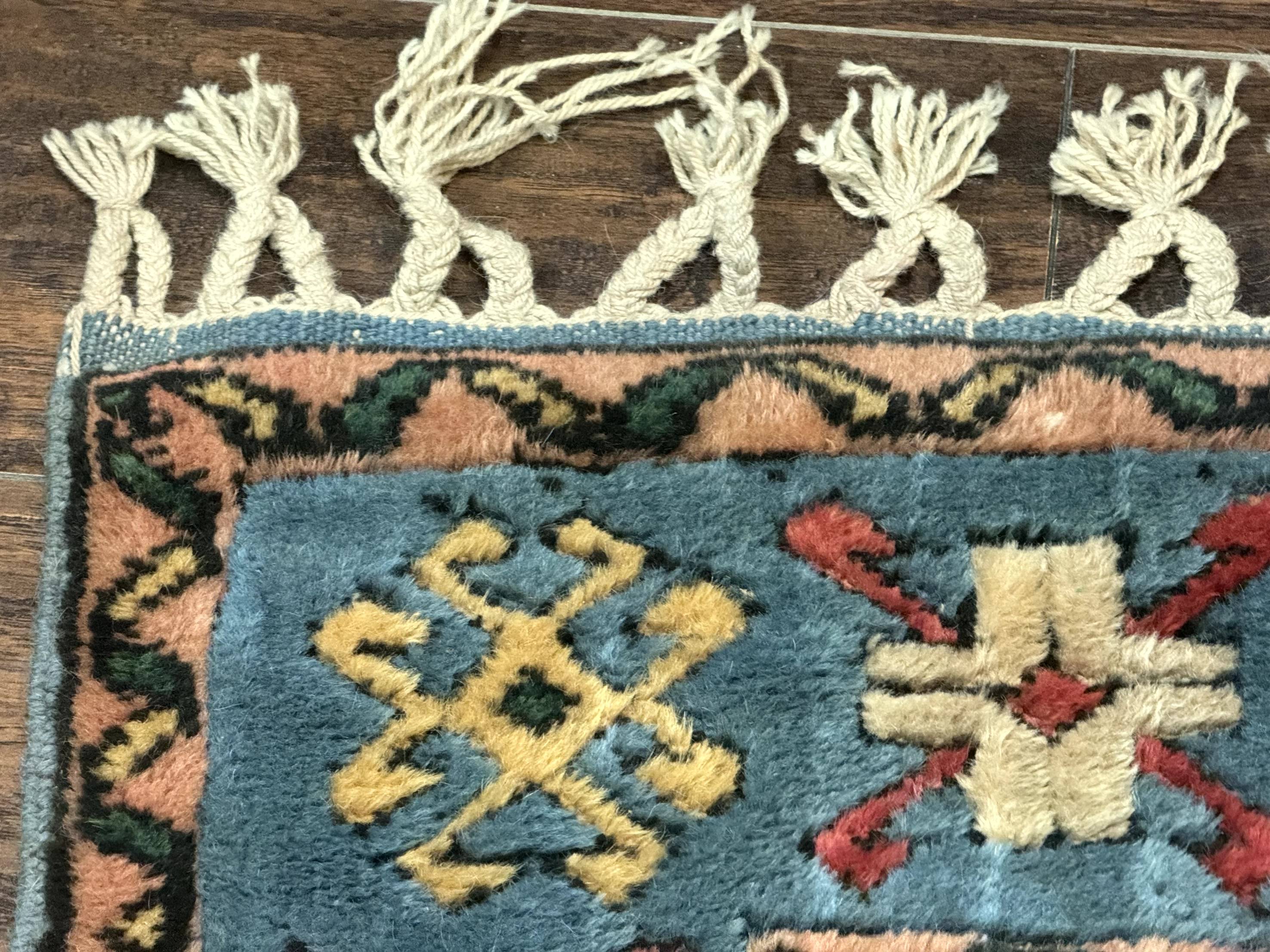 Turkish Kazak Runner Rug 3x11, Cream and Light Blue, Vintage
