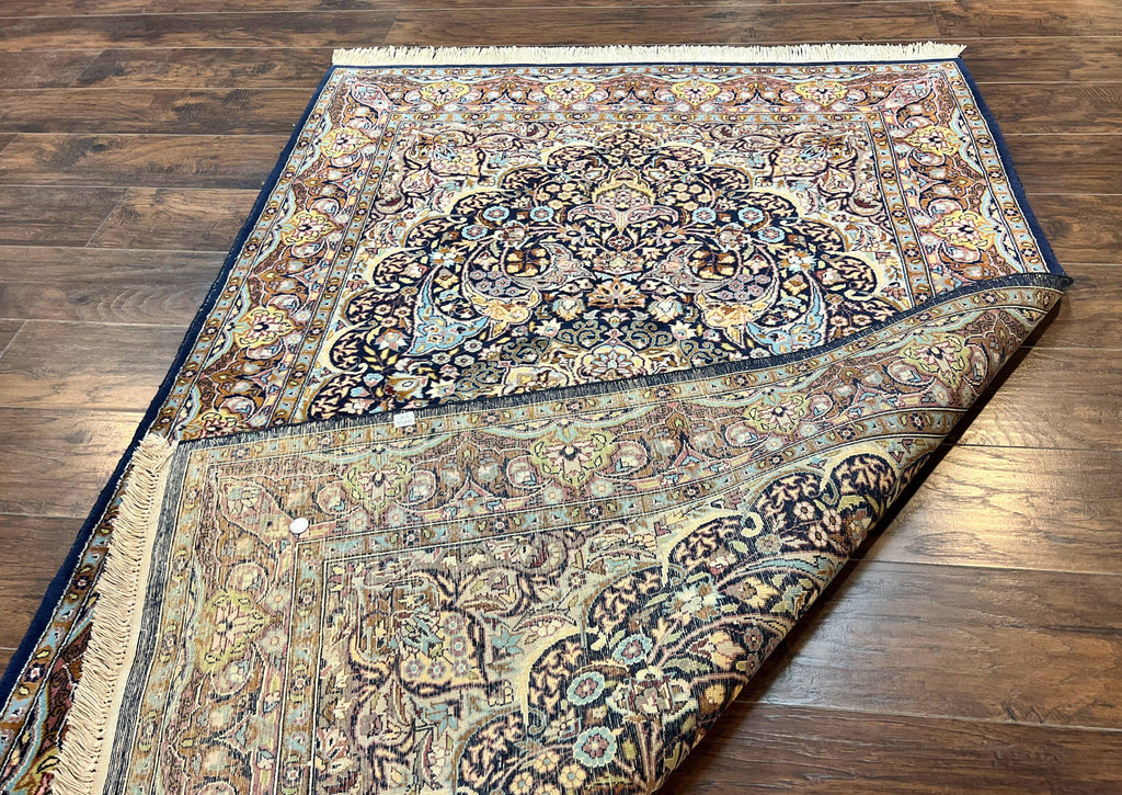 Pak Persian Rug 5x7, Navy Blue Hand Knotted Wool Oriental Carpet 5 x 7 ft, Floral Medallion, Traditional Vintage Pakistani Rug, 225 KPSI