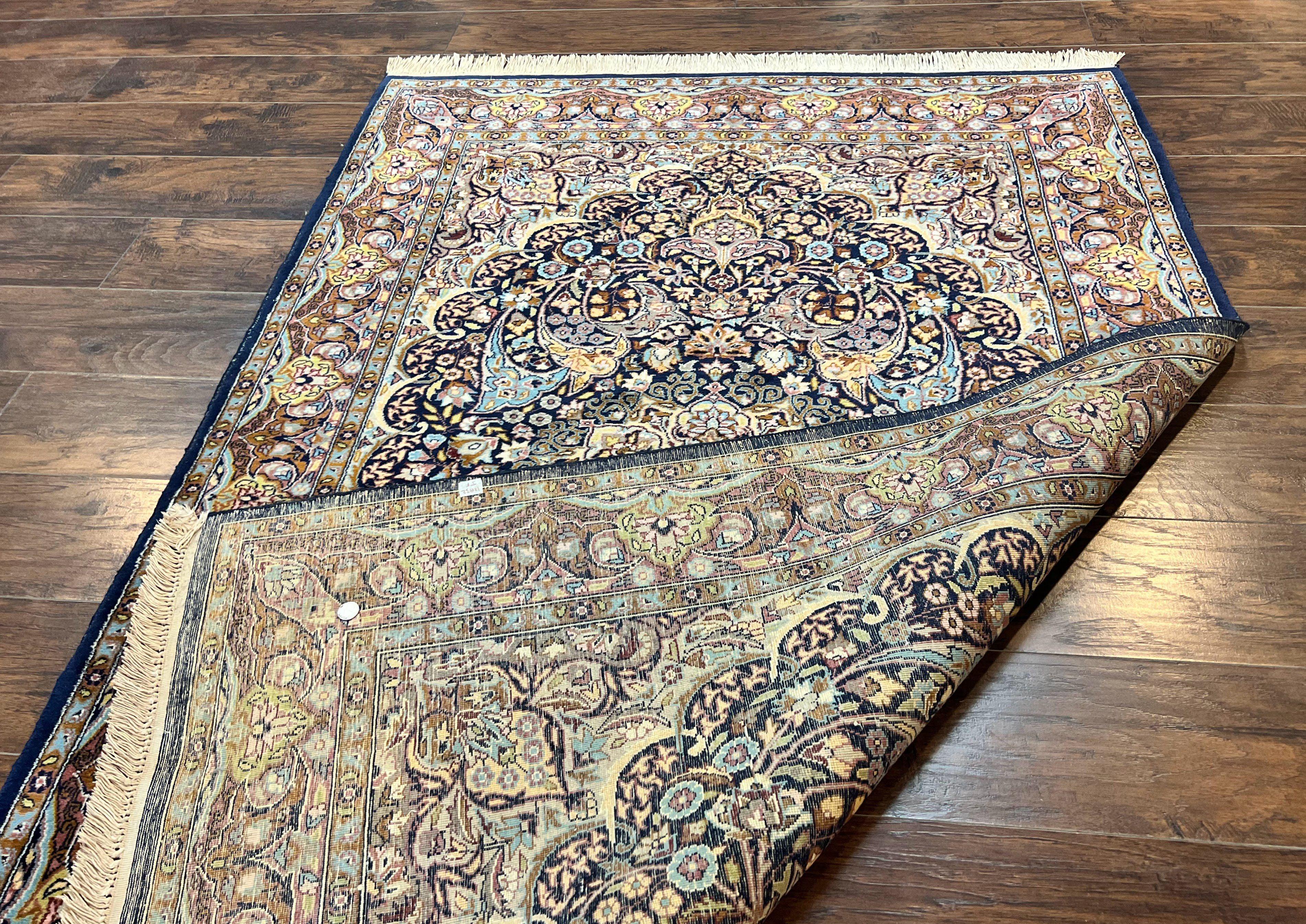 Pak Persian Rug 5x7, Navy Blue Hand Knotted Wool Oriental Carpet 5 x 7 ft, Floral Medallion, Traditional Vintage Pakistani Rug, 225 KPSI