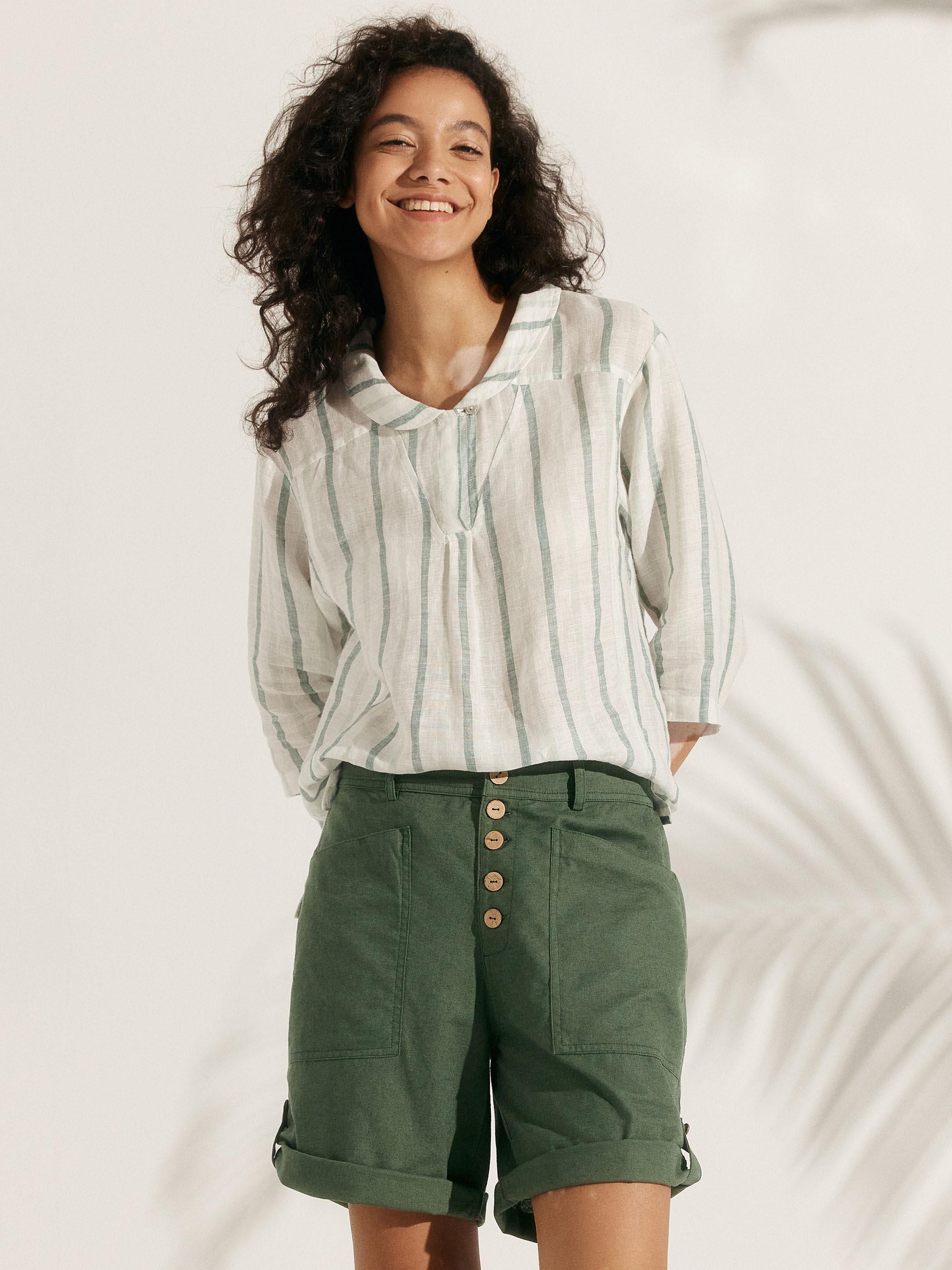 100% Linen Stripe Shawl V-Neck Half Sleeve Top JADE