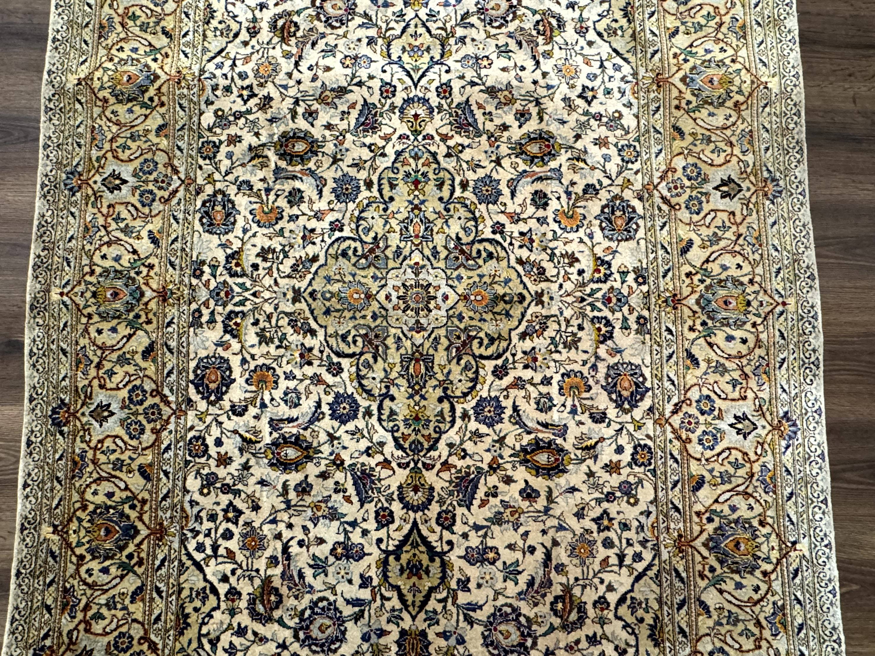 Rare Silk Persian Kashan Rug 4.6 x 7, Antique Fine 310 KPSI, Ivory