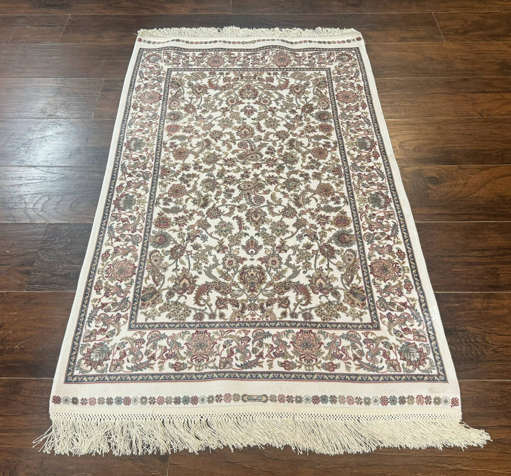 Small Turkish Silk Rug 2.6 x 4, Ivory, Allover Design, Bamboo Silk