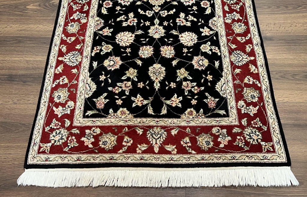 Pak Persian Rug 3x5, Black and Red, Floral Allover, Vintage Hand Knotted Wool Oriental Carpet, Pakistani Rug, Small Handmade Area Rug 3 x 5