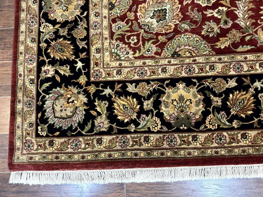 Indian Agra Rug 10x14, Traditional Oriental Carpet, Room Sized Wool Area Rug, Floral, Maroon