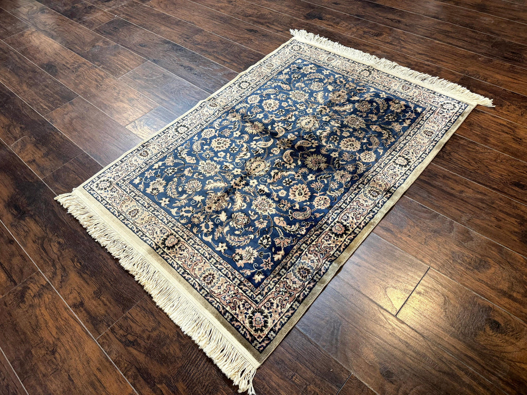 Vintage Art Silk Rug 3x4, Traditional Oriental Persian Design Rug, Belgium Power Loomed Rug, Navy Blue