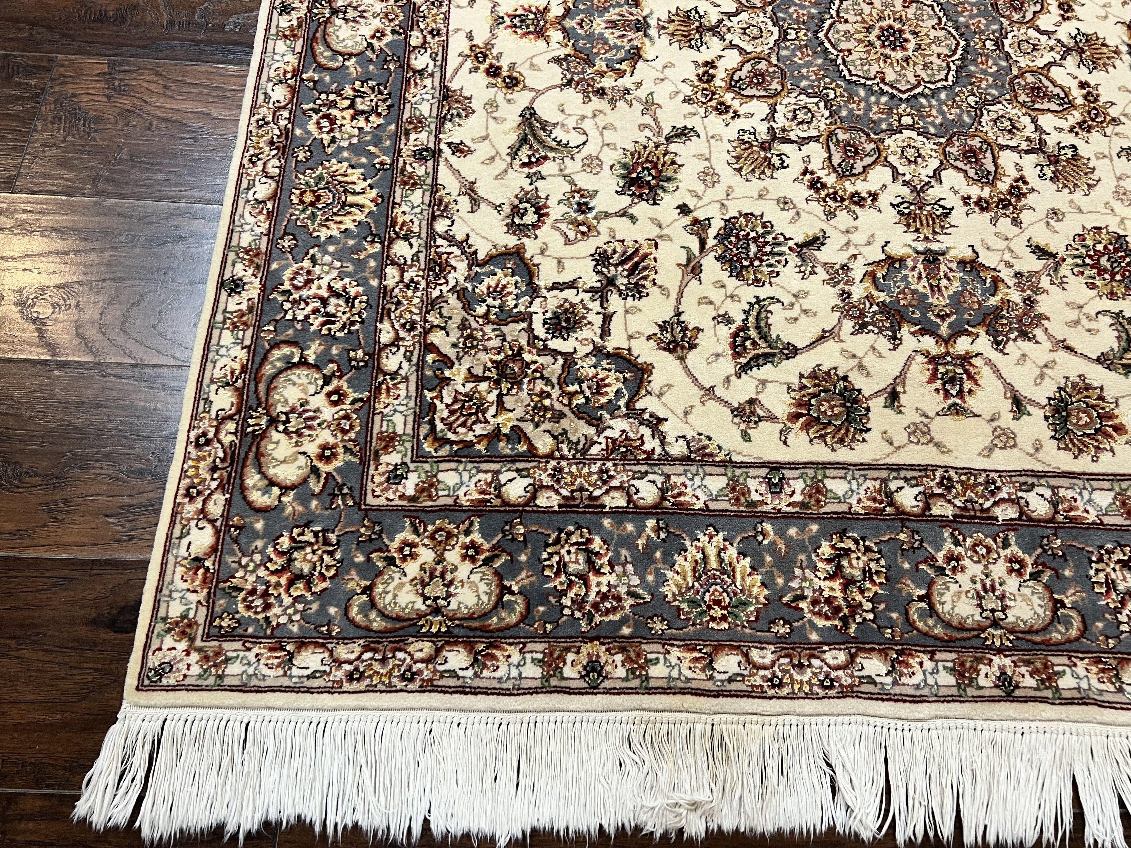 Sino Persian Square Rug 5x5, Very Fine Oriental Carpet, Wool & Silk Highlights, Ivory, Hand Knotted Handmade Vintage Traditional Rug
