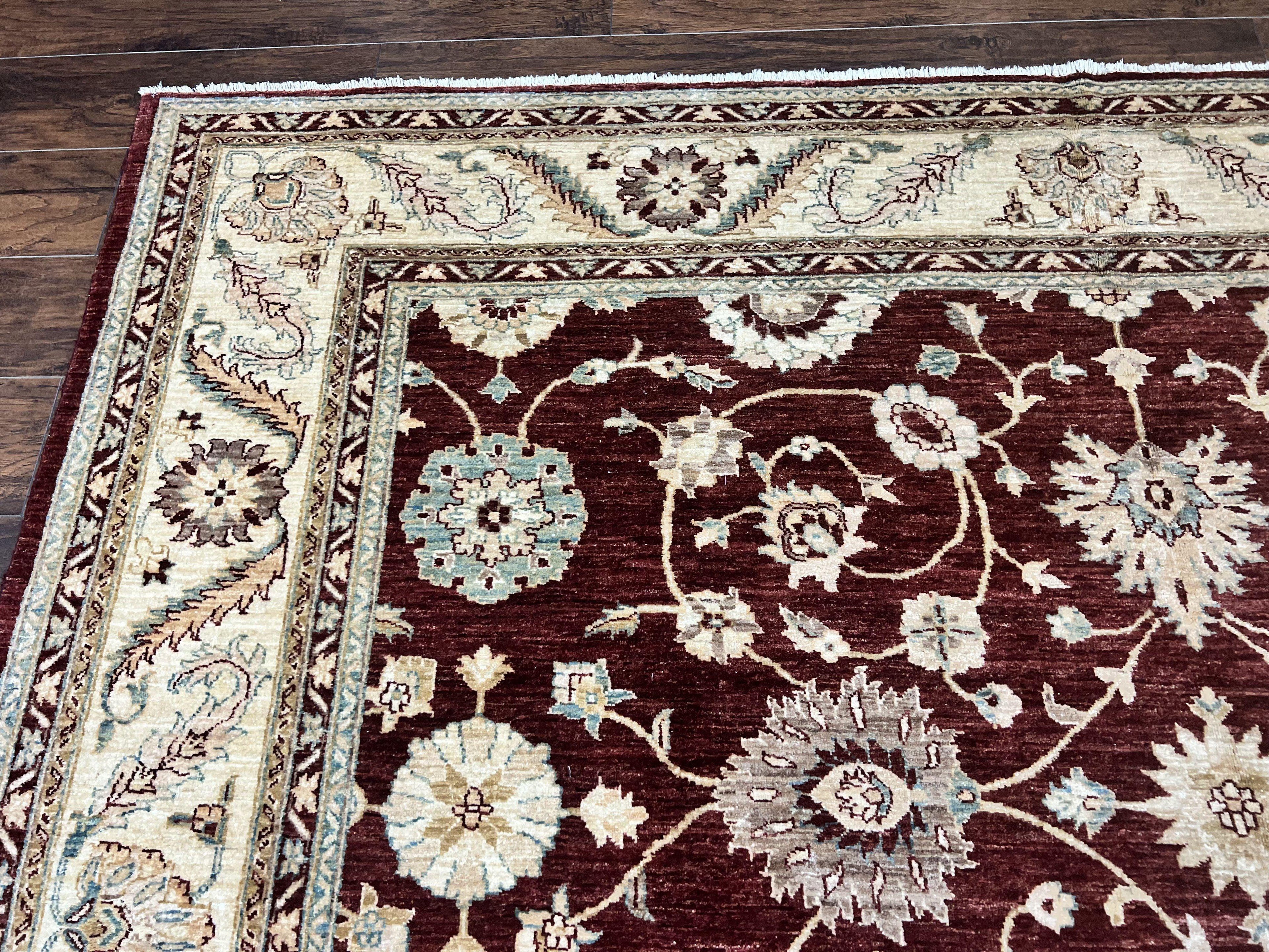Peshawar Rug 9x11, Pakistani Oriental Carpet, Maroon and Beige, Floral Allover, Wool Hand Knotted Handmade Vintage Rug