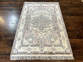 Silk Indian Kashmiri Rug 4x6, Handmade, Ivory, Fine 240 KPSI