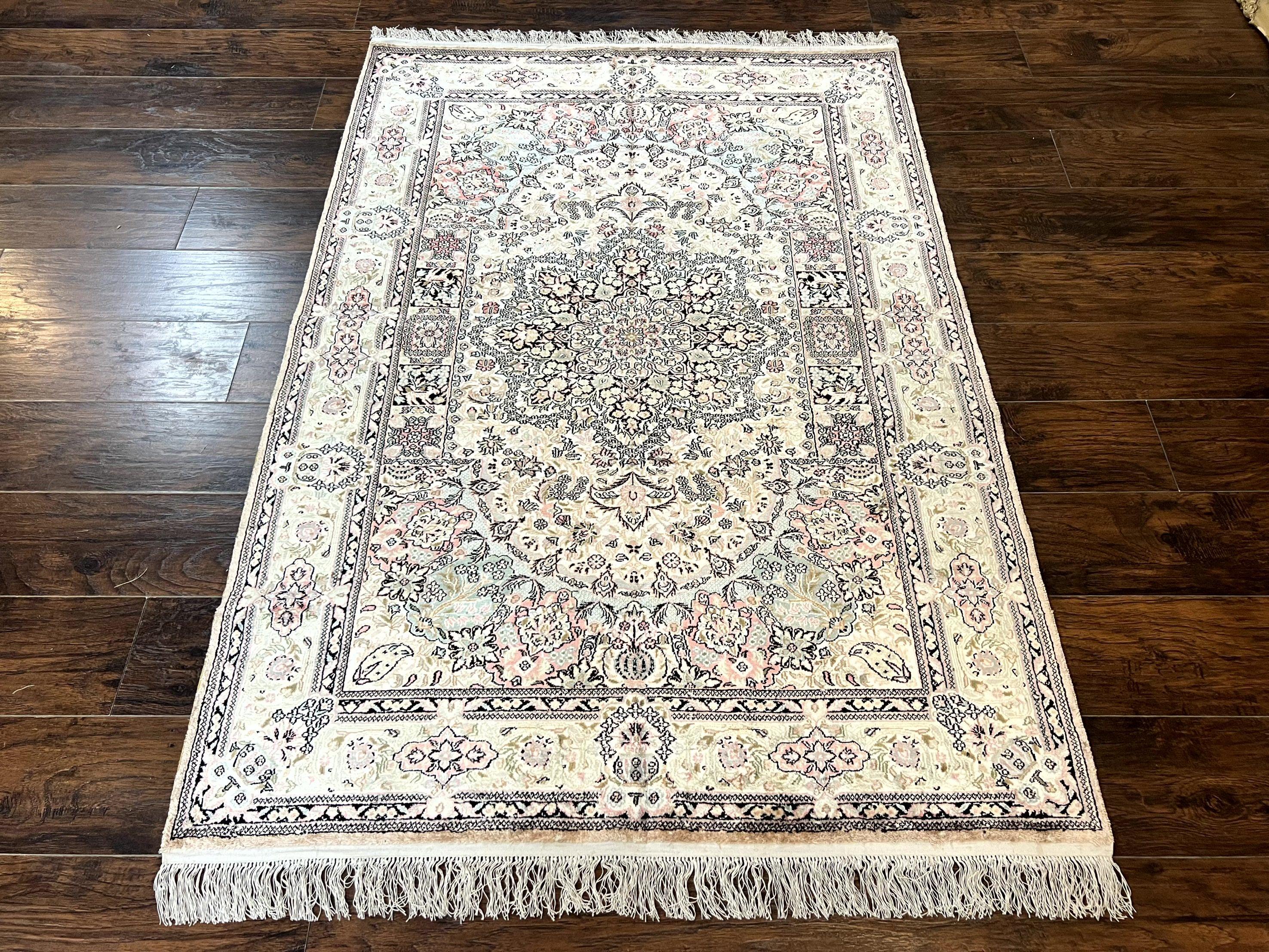 Silk Indian Kashmiri Rug 4x6, Handmade, Ivory, Fine 240 KPSI