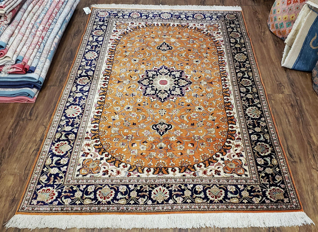 Vintage Persian Qum Silk Rug 4.6 x 6.7, Burnt Orange and Navy Blue, Antique Oriental Very Fine Signature Master Weaver 350+ KPSI Ghom Qom 5x7 Rug