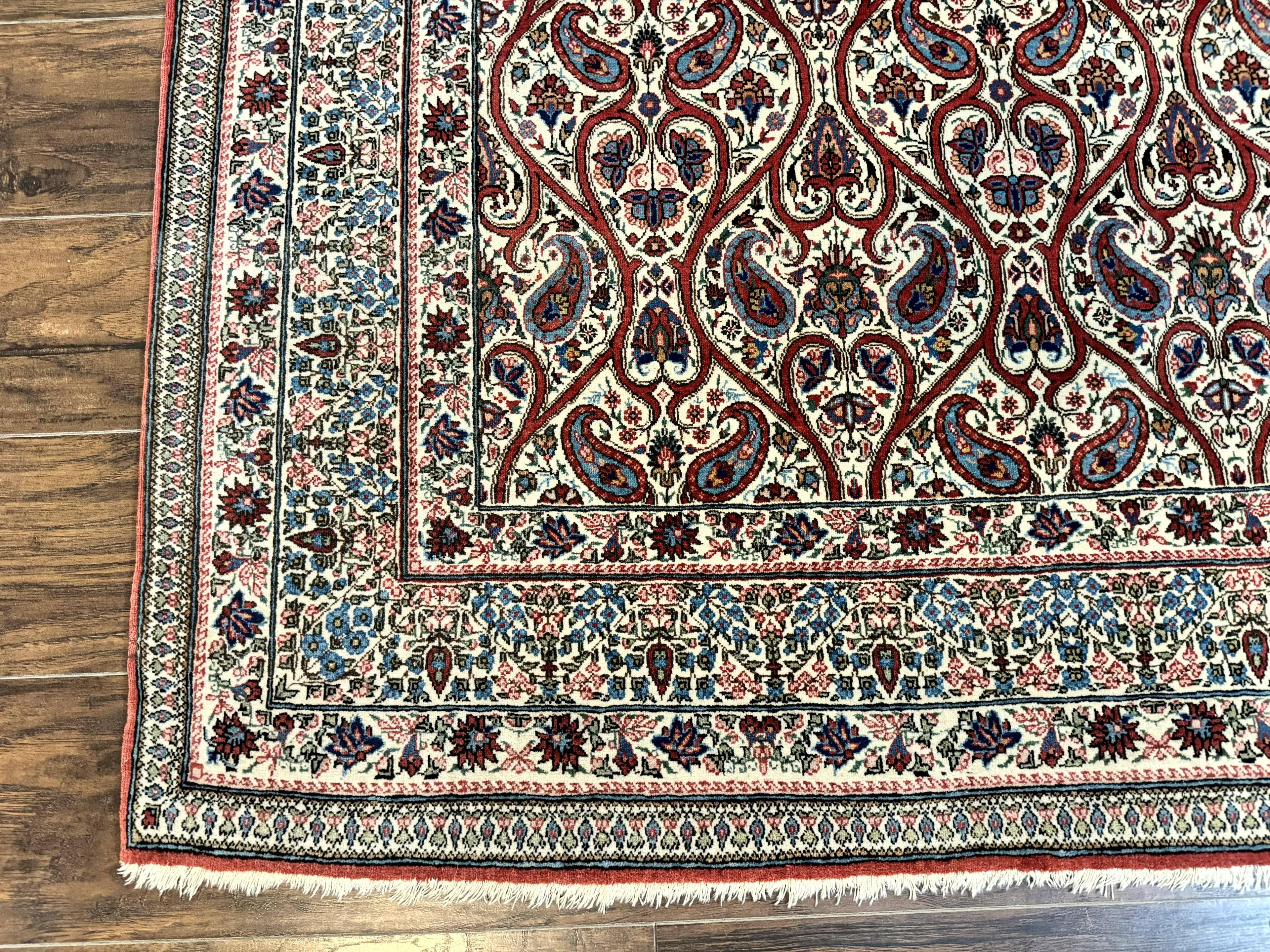 Unique Persian Qum Rug 5x7, Repeated Paisely Boteh Design, Ivory Red Blue, Handmade Antique Wool Persian Carpet, Finely Hand Knotted