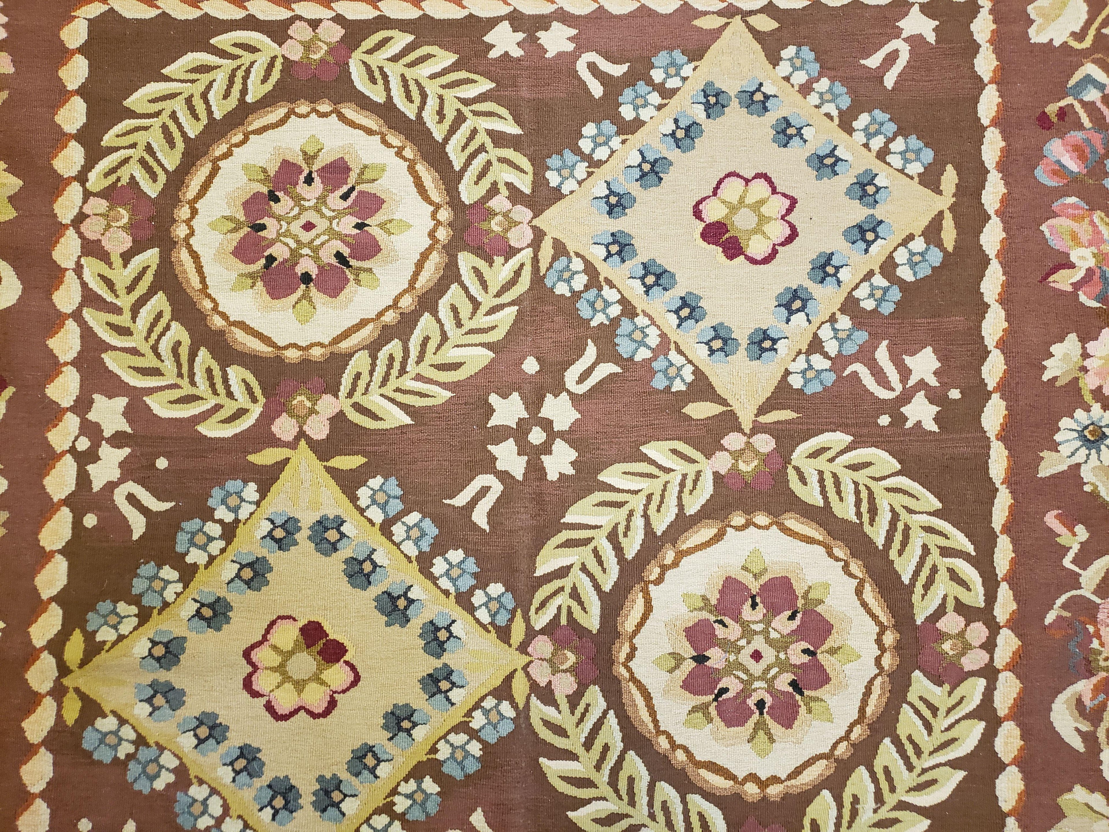 Aubusson Rug 6 x 9 Flat Weave Area Carpet European Design Flowers New Brown Rug Handmade Wool Hand-Knotted Aubusson Weave Medium Rug 6x9