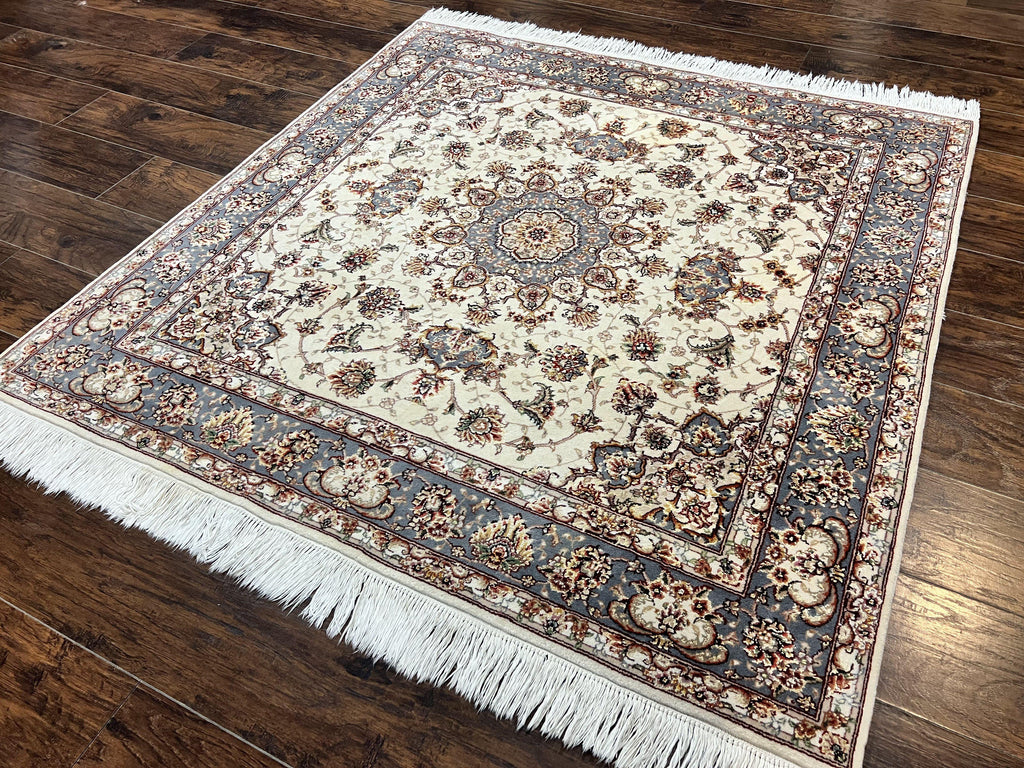 Sino Persian Square Rug 5x5, Very Fine Oriental Carpet, Wool & Silk Highlights, Ivory, Hand Knotted Handmade Vintage Traditional Rug