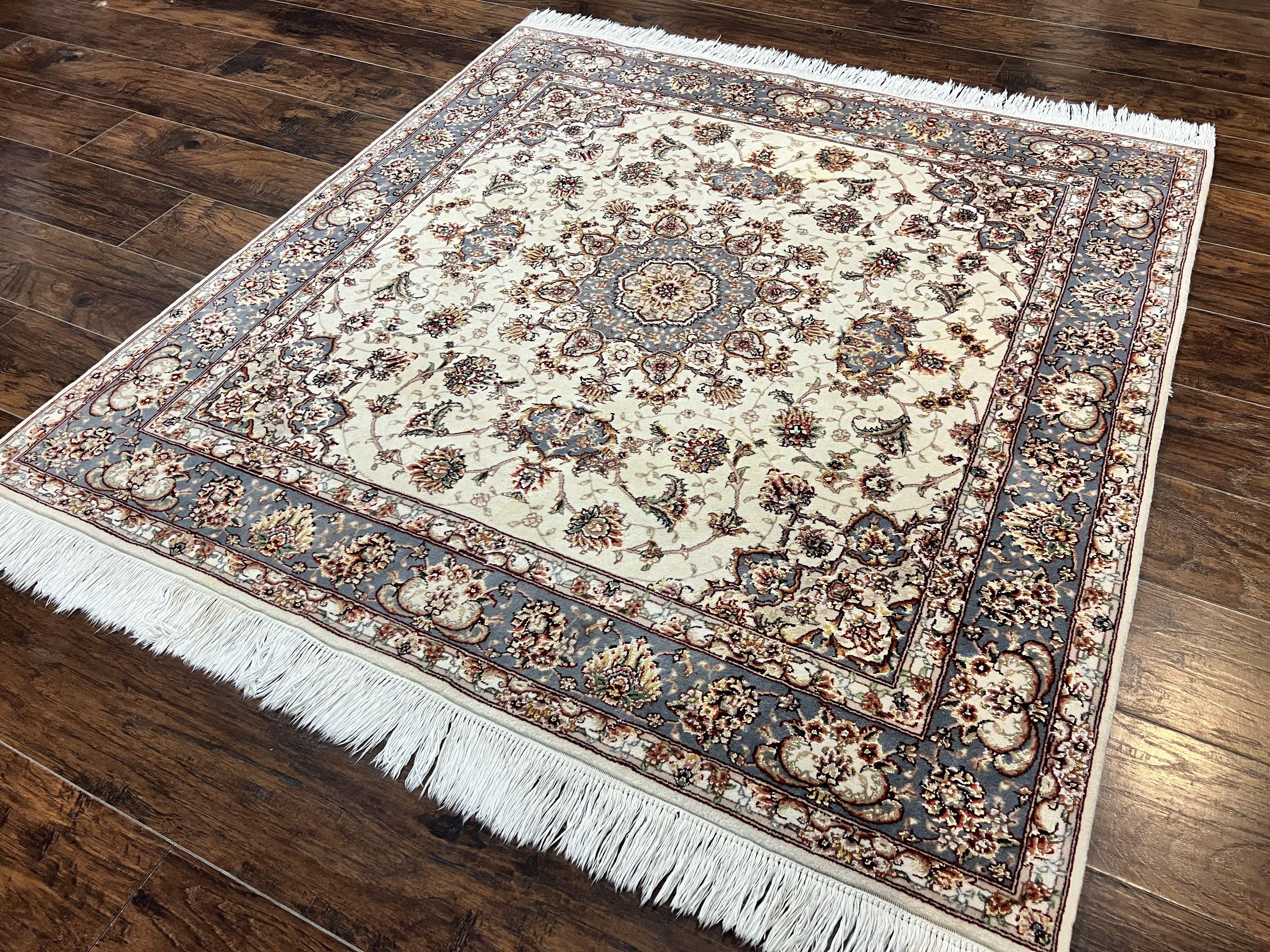 Sino Persian Square Rug 5x5, Very Fine Oriental Carpet, Wool & Silk Highlights, Ivory, Hand Knotted Handmade Vintage Traditional Rug