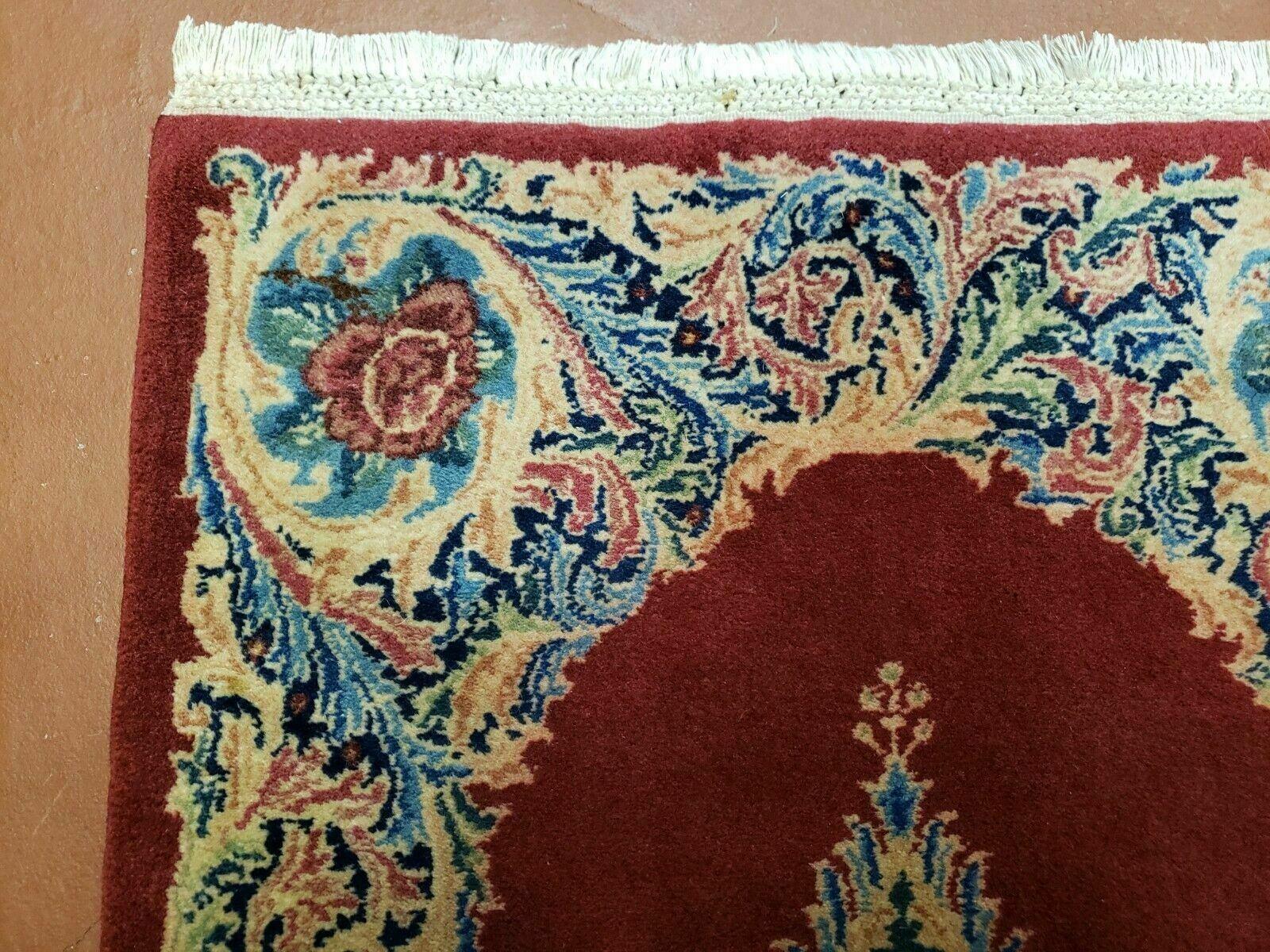 Small Persian Kirman Rug 2x4, Wool Oriental Vintage Handmade Carpet, Hand Knotted Floral Medallion, Red & Beige, Semi Open Field
