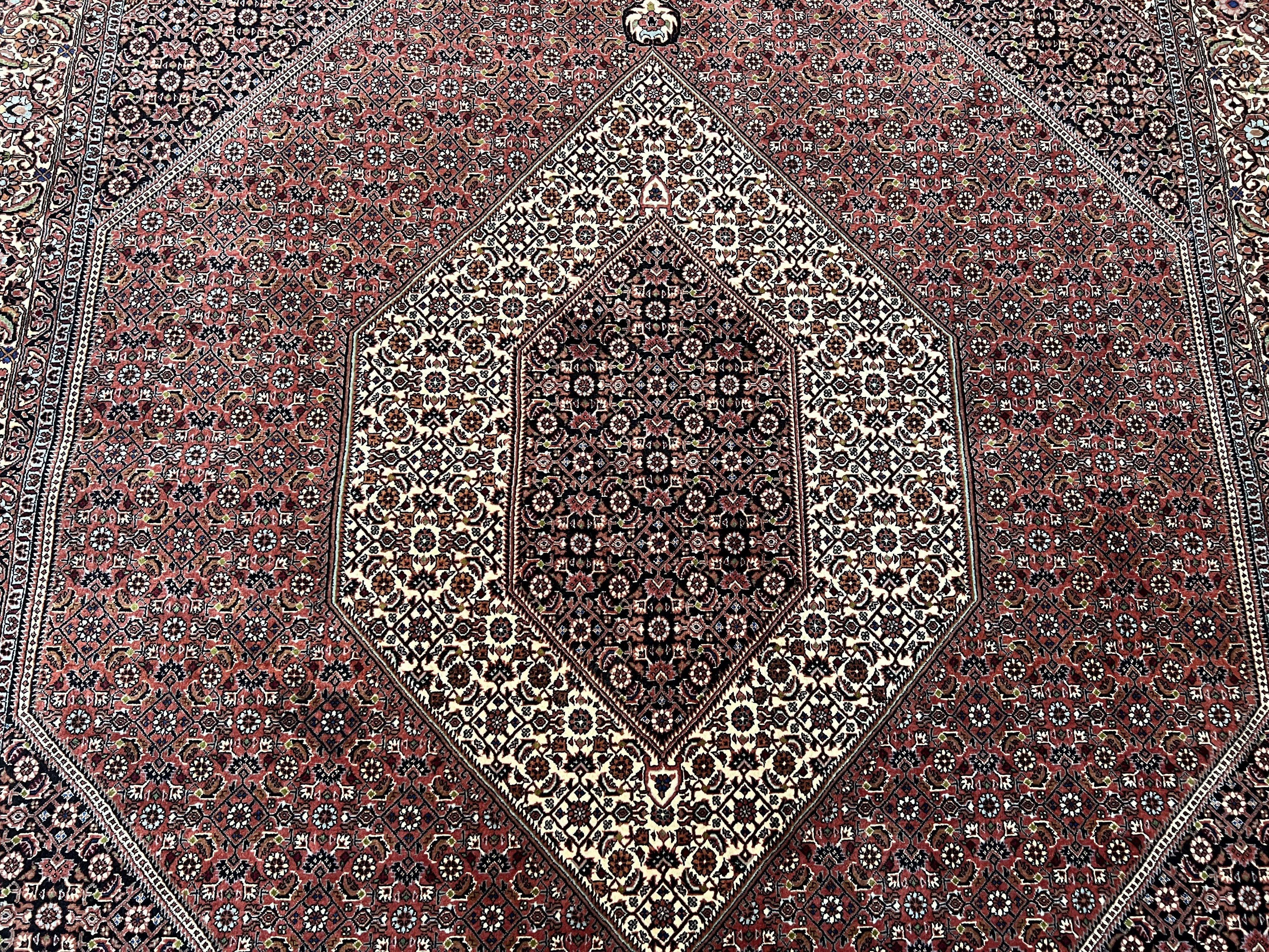 Wonderful Persian Bidjar Rug 7x8 ft, Almost Square Oriental Carpet, Herati Mahi, Highly Detailed, Ivory Red Navy Blue, Very Fine Handmade Bijar Rug