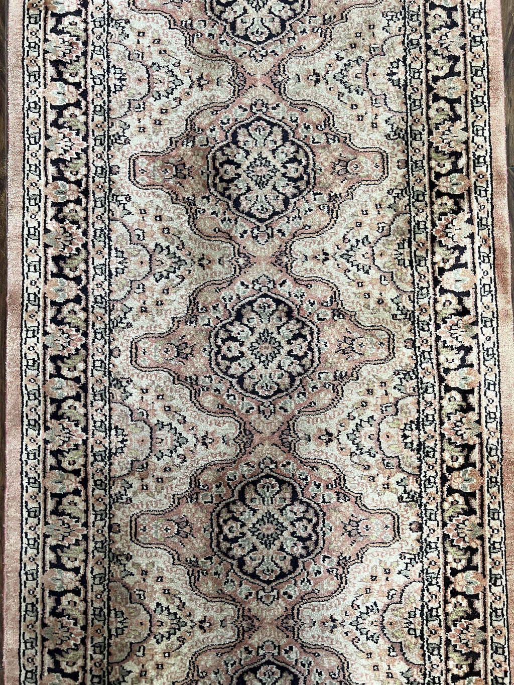 Silk Kashmiri Runner 2.7 x 10 ft Vintage Rug, Ivory Pastel Pink, Hand-Knotted Vintage Runner, Hallway Carpet, Indian Rug Medallion Runner