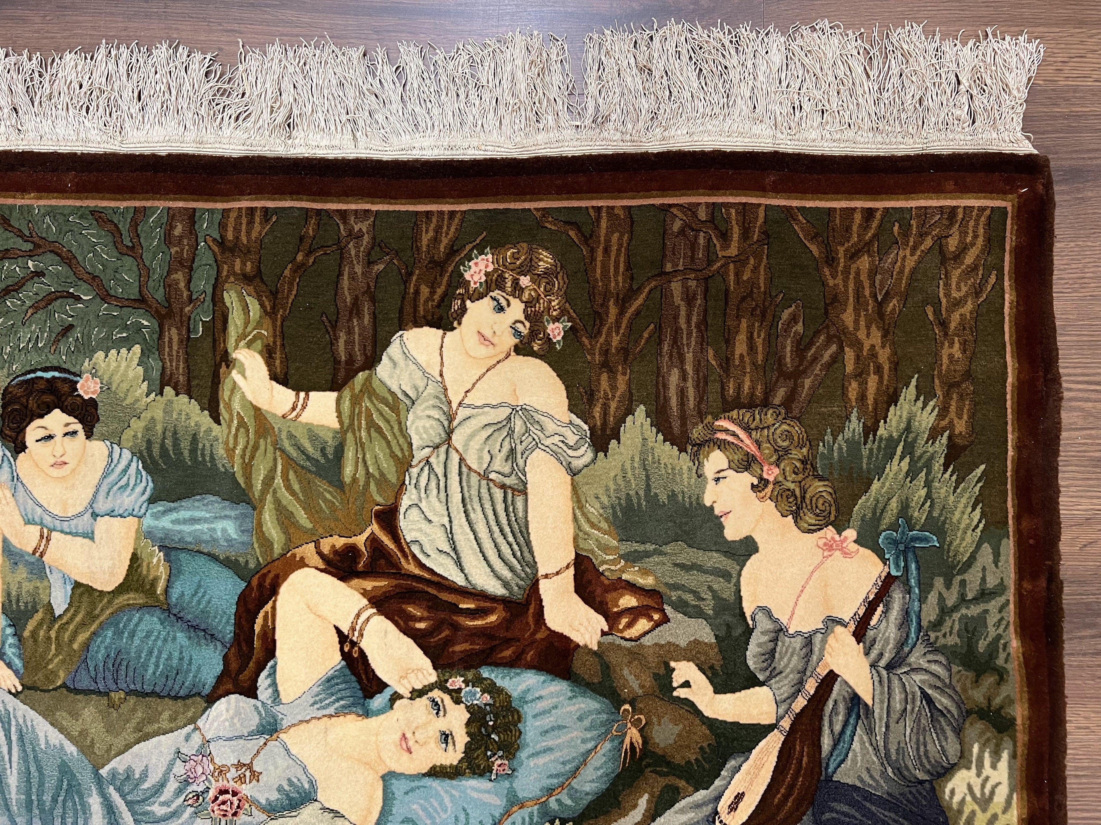 Persian Tabriz Pictorial Rug 5x3, Women Laying By River, Super Fine 60 Raj 480+ KPSI, Hand Knotted Wool Rug, Semi Antique Vintage Oriental Carpet