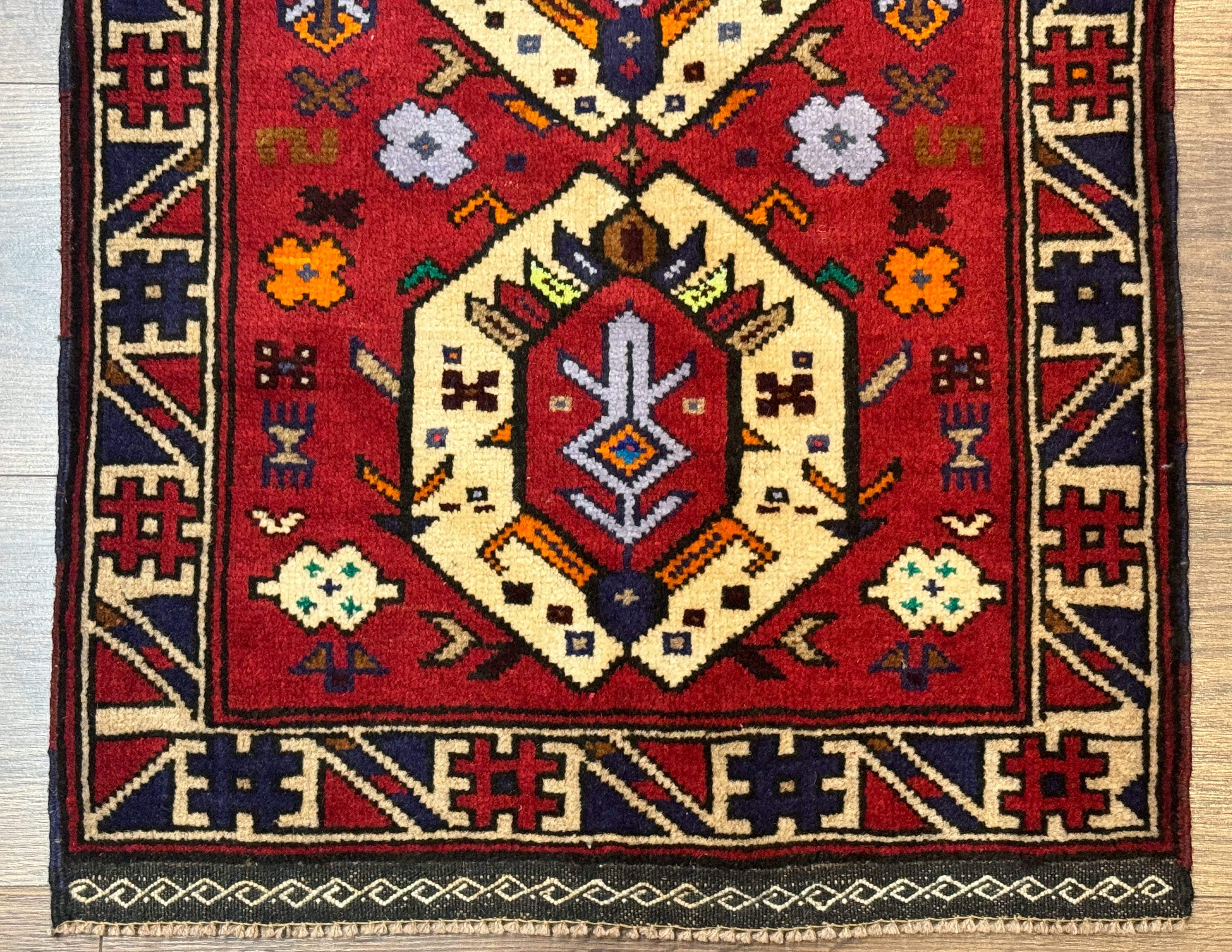 Small Persian Tribal Rug, Red and Ivory, Baluch Rug