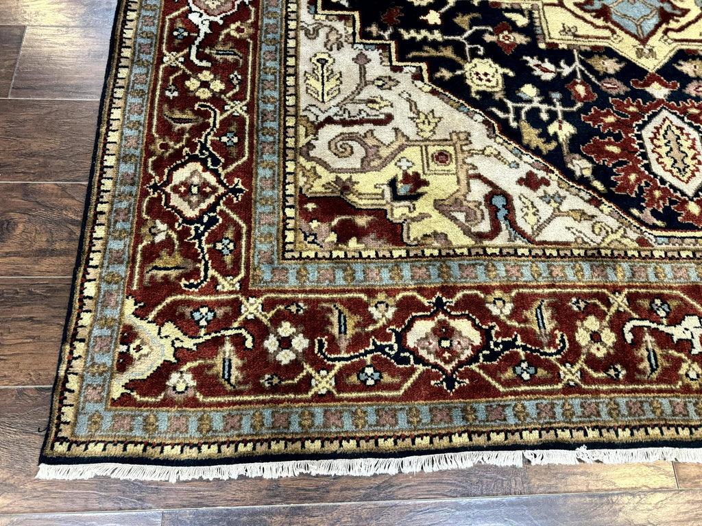 Indo Persian Heriz Rug 8x10, Geometric Medallion, Serapi Carpet, Wool Vintage Rug