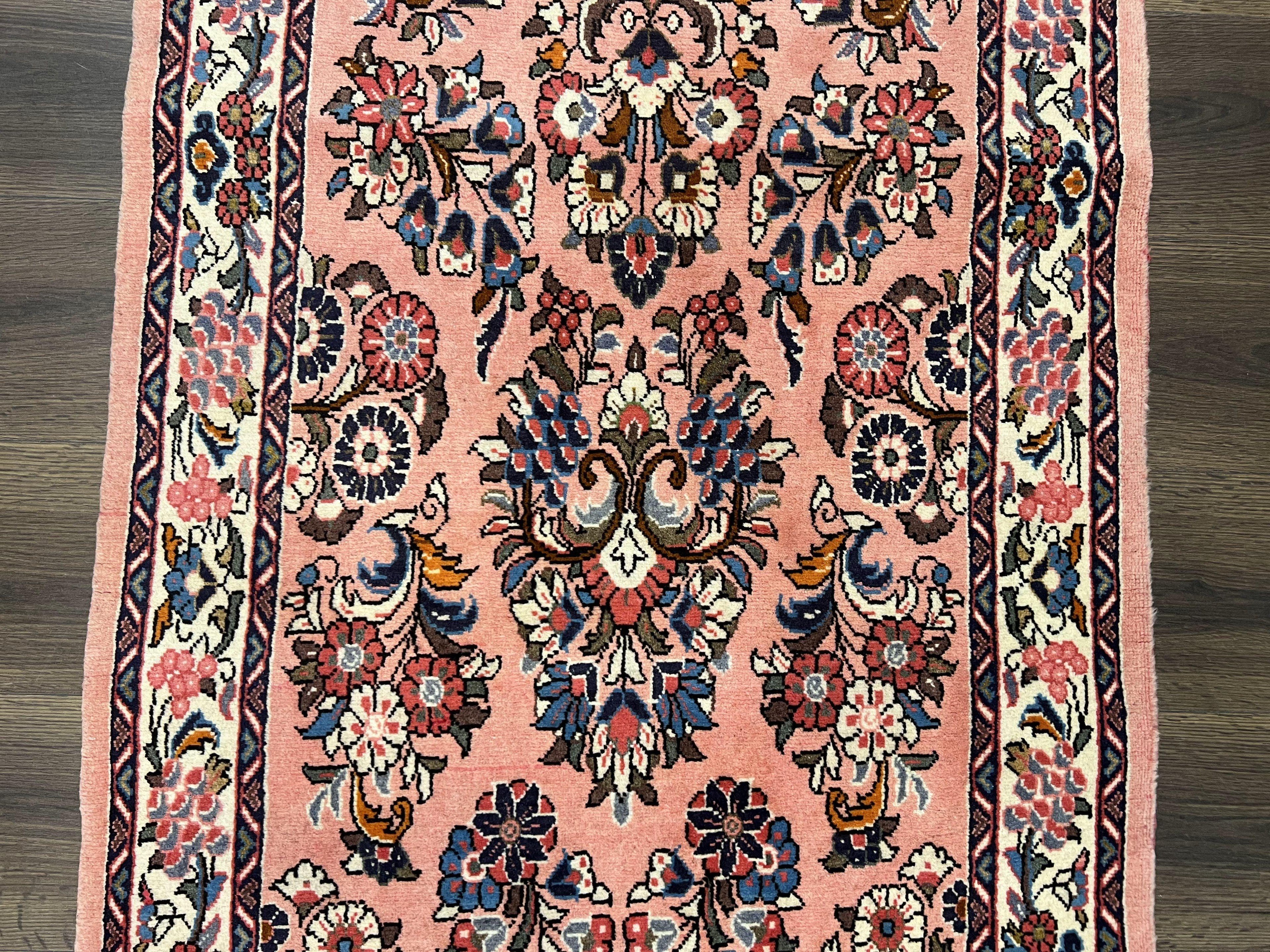 Persian Sarouk Runner Rug 2.9 x 13.6, Wool Floral Hand Knotted Runner