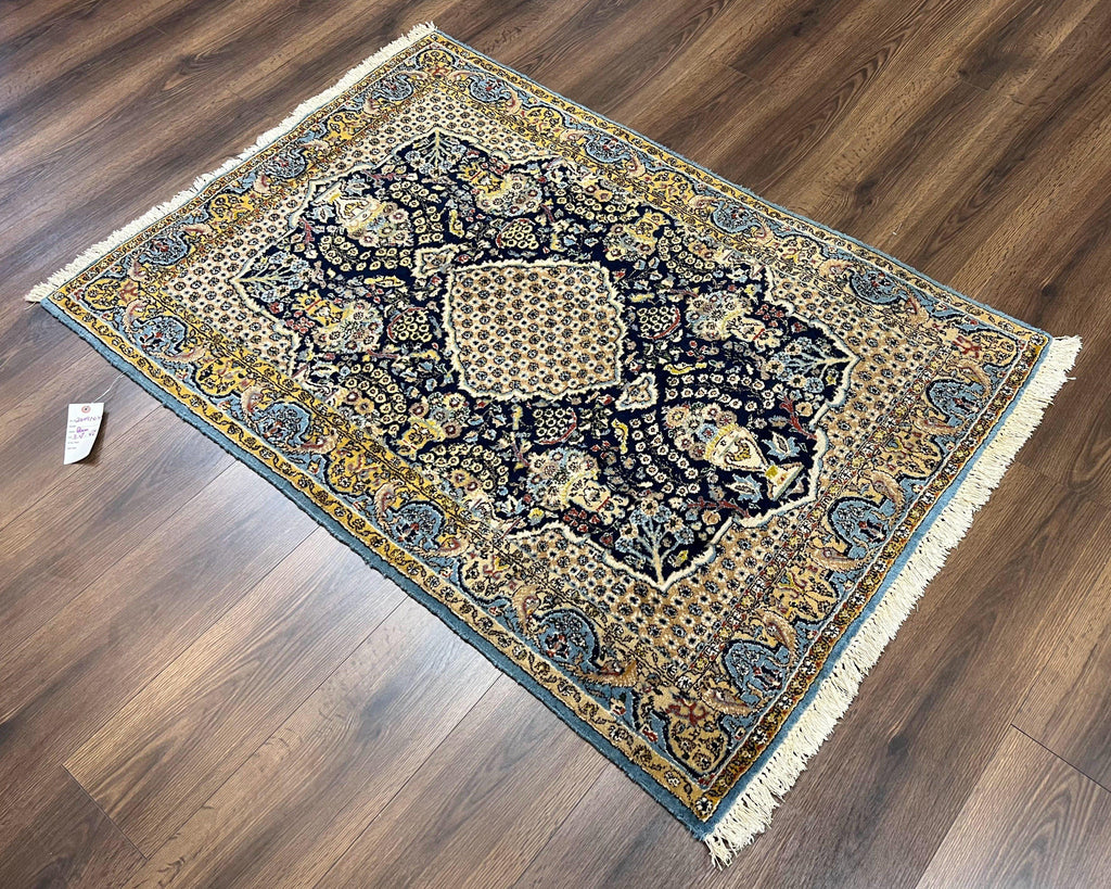 Fine Persian Qum Rug 3x5, Semi Antique Vintage Oriental Ghom Carpet, Floral Medallion, Highly Detailed, Hand Knotted, Navy Blue, Wool Area Rug, Birds