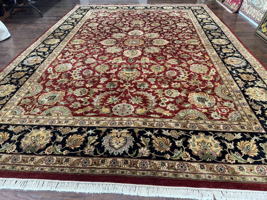 Indian Agra Rug 10x14, Traditional Oriental Carpet, Room Sized Wool Area Rug, Floral, Maroon