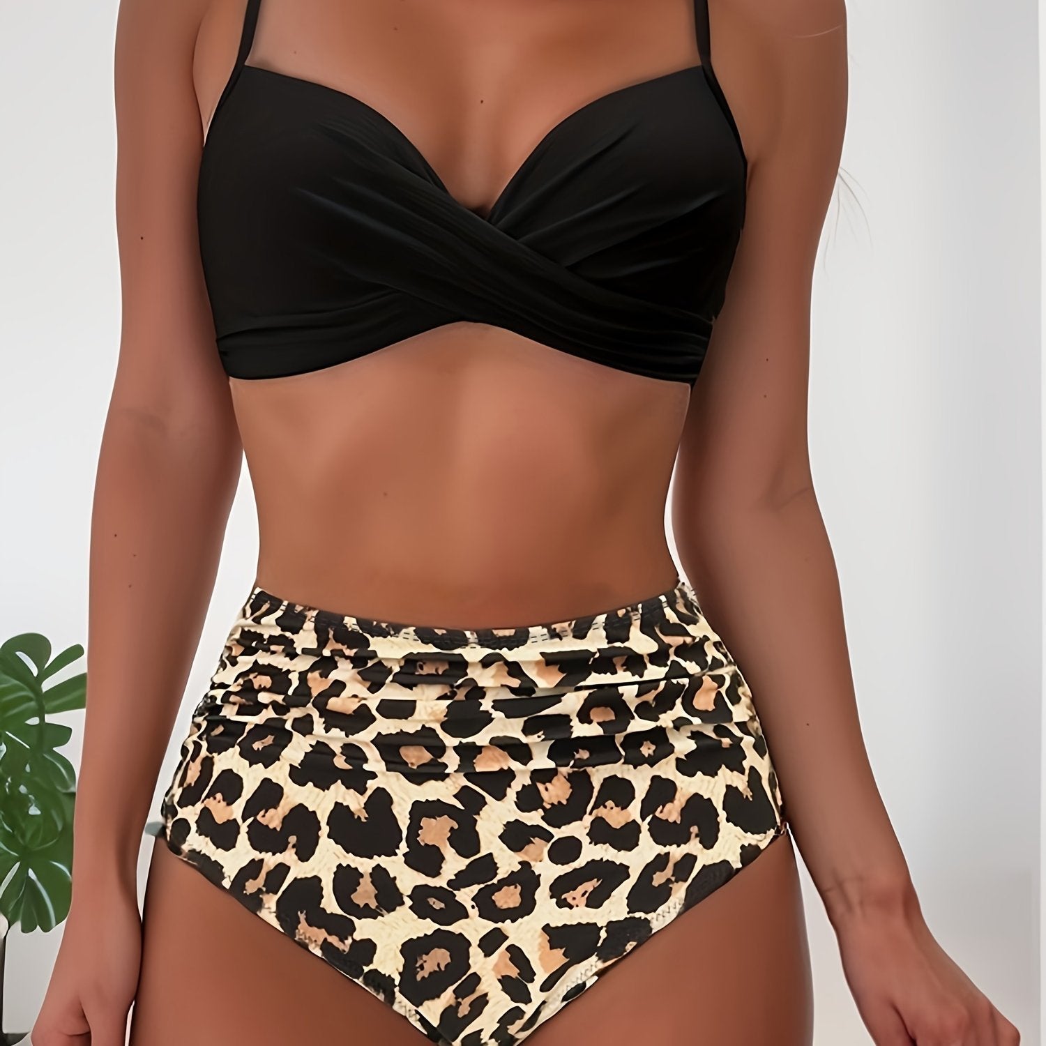 Tropical Vibe High Waist Bikini Set – Flirty V-Neck Swimsuit with Layered Colorblock High Cut Bottom Crisscross Strap Detail & Ultra-Stretch Comfort – Women's Two Piece Swimwear for Summer Beach Pool & Vacation Fun