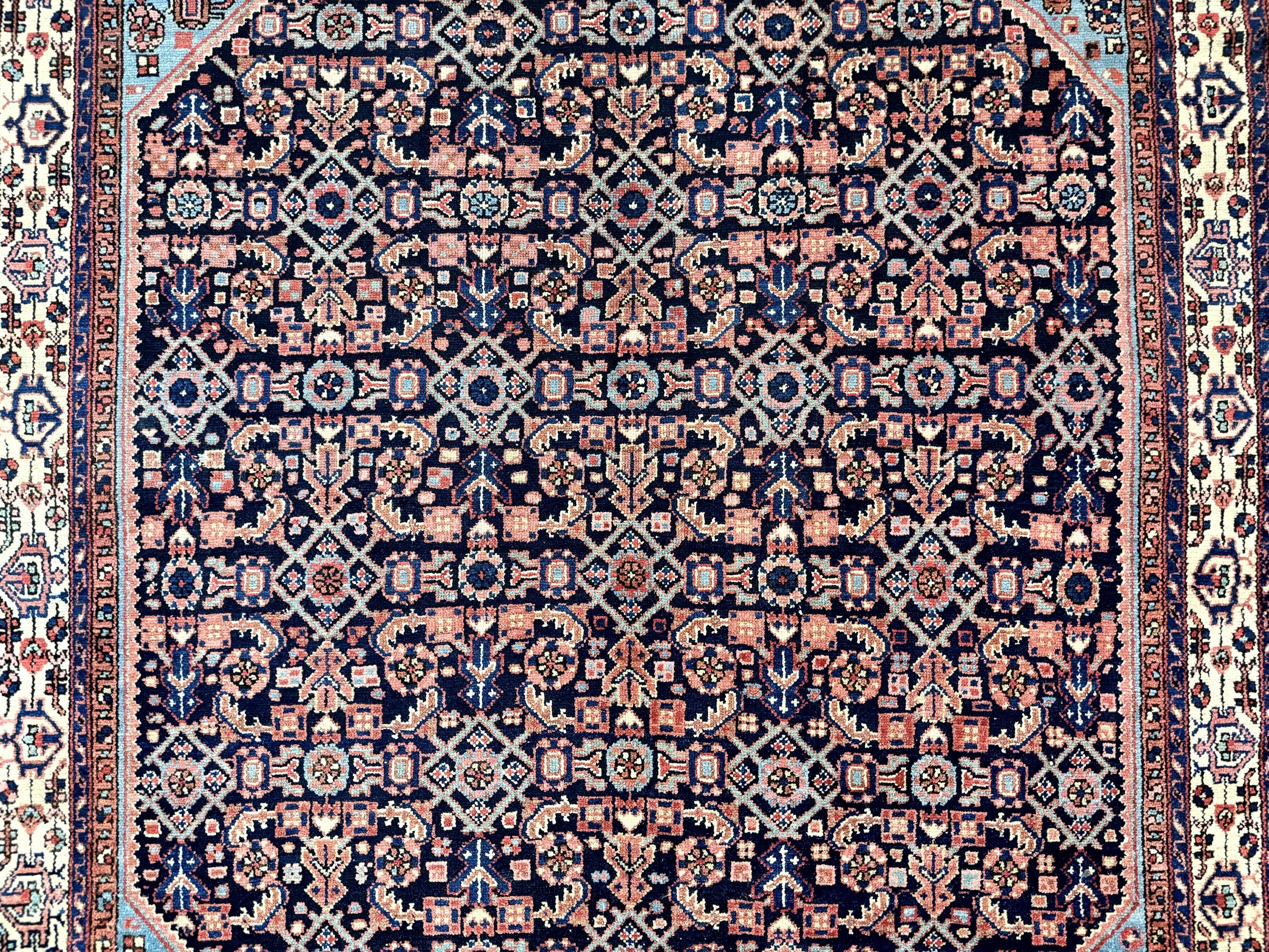 Antique Persian Rug 5 x 6.7, Navy Blue & Ivory, Handmade Persian Wool Carpet, Hamadan Angelas Rug