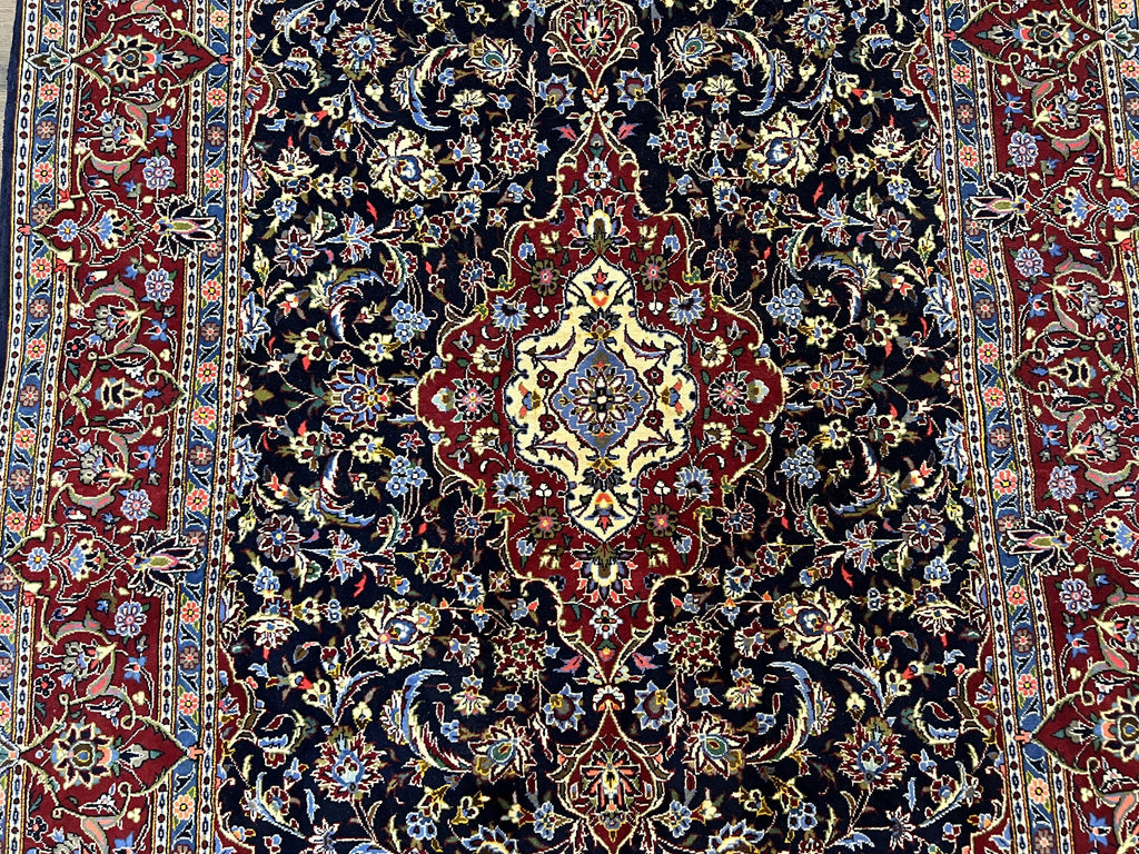Dark Blue Persian Rug 5x8, Kork Wool Semi Antique Kashan Carpet, Very Fine Lachak Toranj Rug, Hand Knotted Floral Medallion Rug, 5 x 8 Oriental Rug