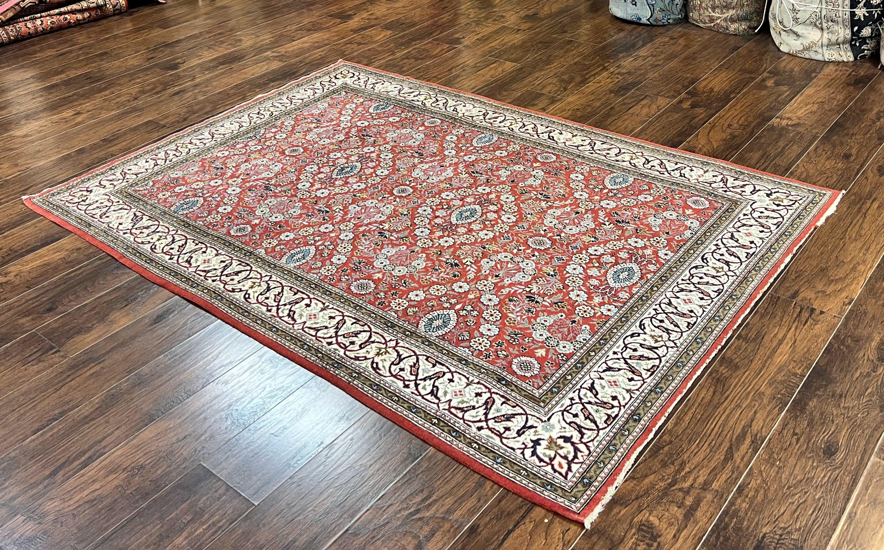 Red Persian Qum Rug 5 x 7.6, Hand Knotted Vintage Wool Fine Carpet 270 KPSI, Floral Allover