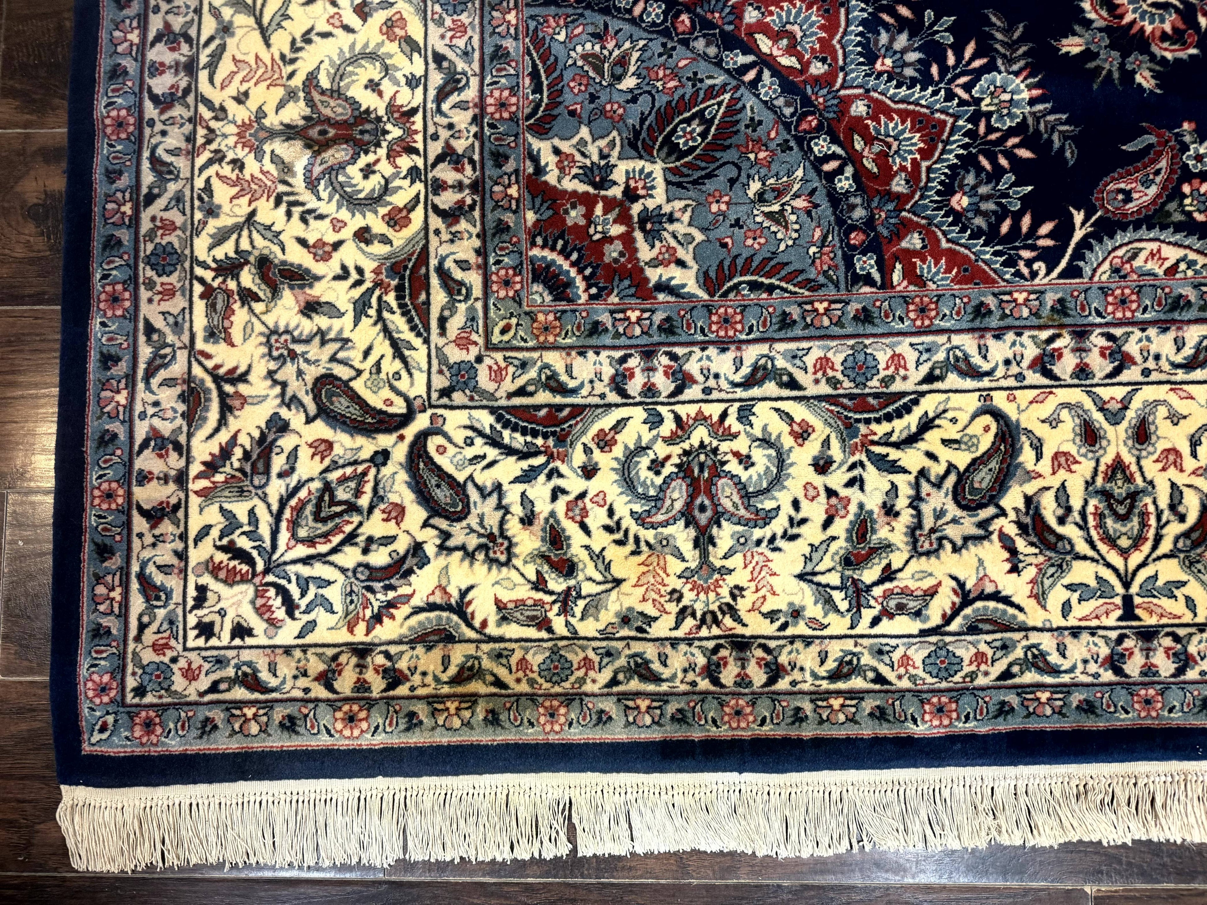 Sino Persian Kerman Rug 10x14, Blue and Beige, Floral Medallion, Fine 240 KPSI
