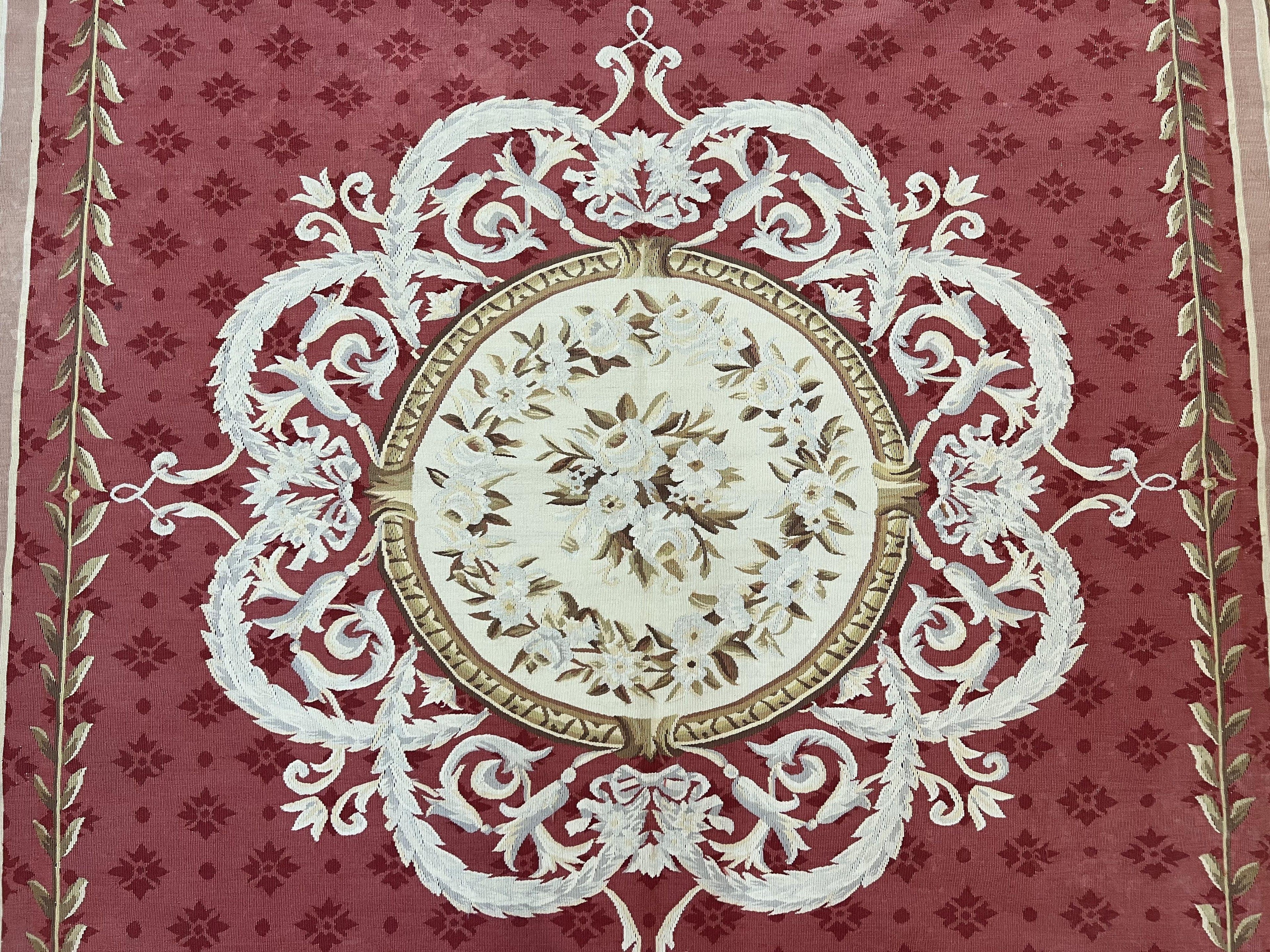 Aubusson Rug 9x12 ft, Red and Ivory Elegant Aubusson Carpet, Flatweave, Vintage Wool Handmade Area Rug 9 x 12, French European Design