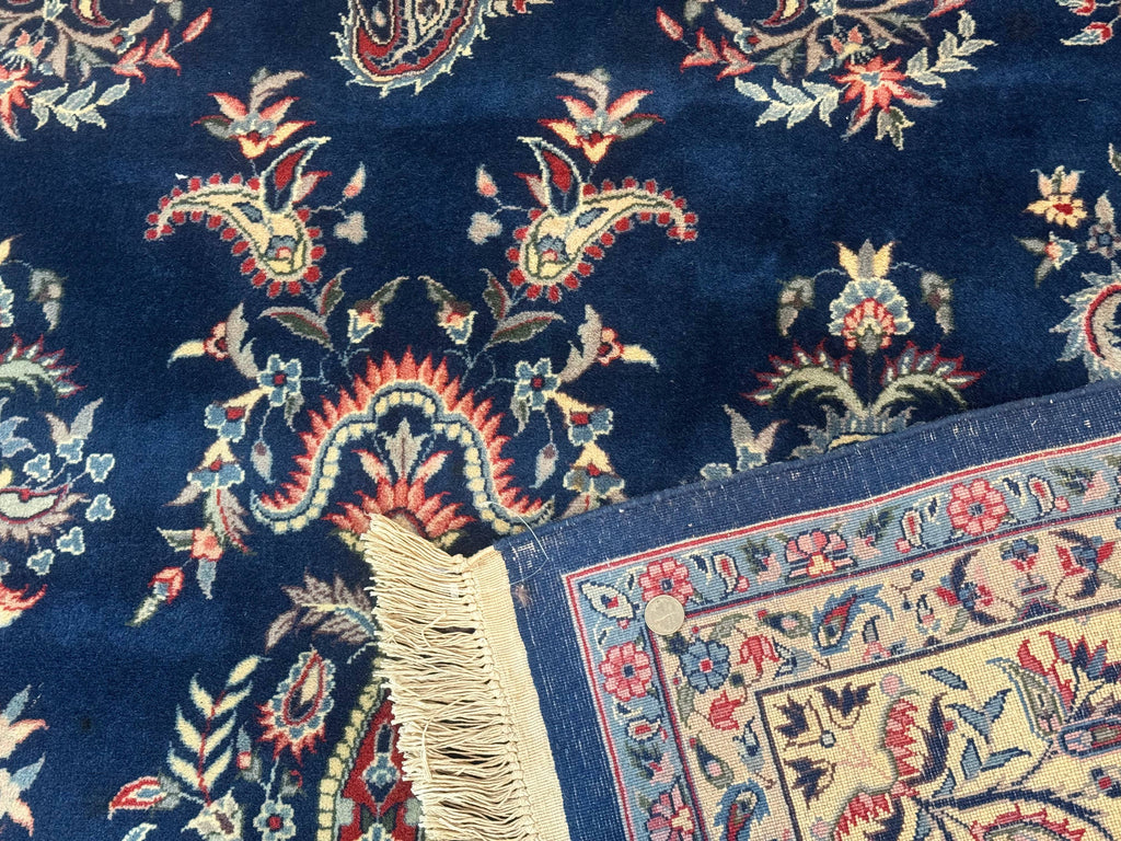 Sino Persian Kerman Rug 10x14, Blue and Beige, Floral Medallion, Fine 240 KPSI