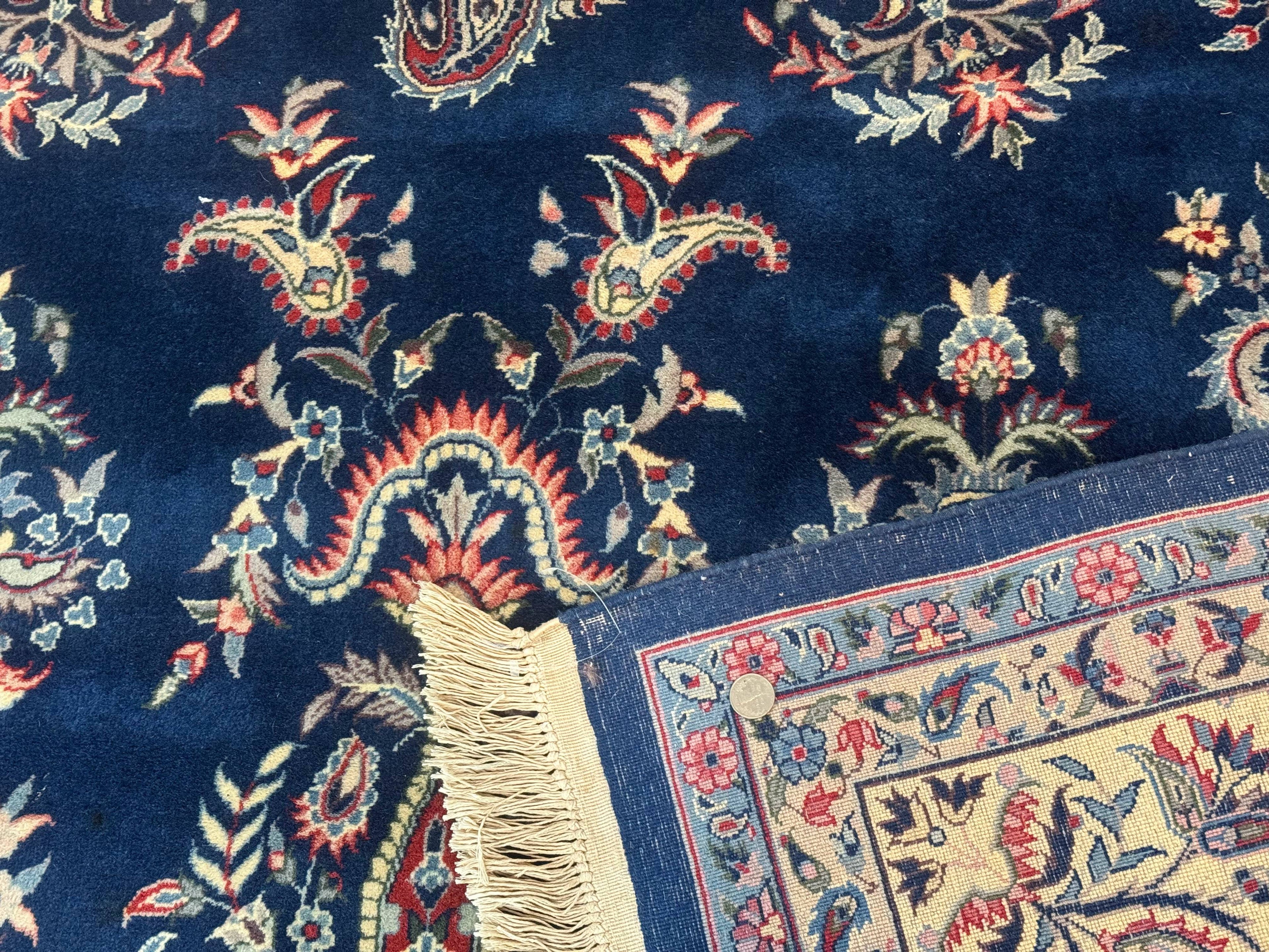Sino Persian Kerman Rug 10x14, Blue and Beige, Floral Medallion, Fine 240 KPSI