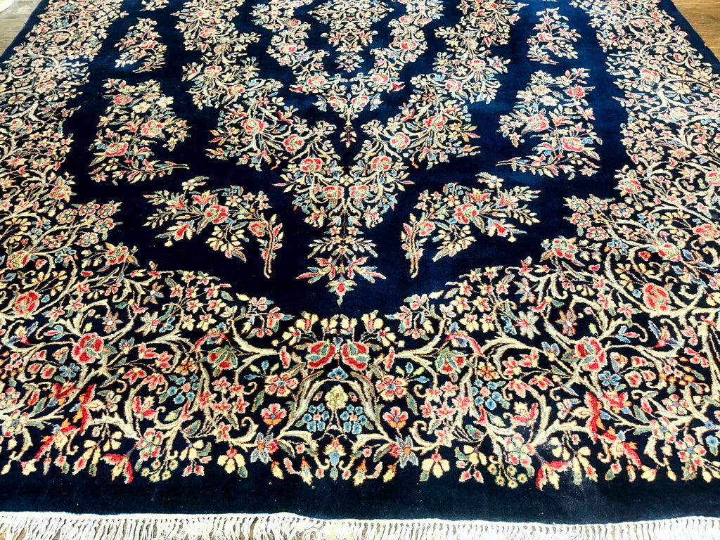 Antique Persian Kerman Rug 10x13, Navy Blue Floral Carpet, Fine 270 KPSI