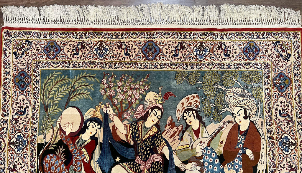 Persian Pictorial Rug 5 x 4 ft, Persian Isfahan Rug, Kork Wool on Silk Foundation, Signature from Master Weaver, Drums and Musical Instruments, Birds, Detailed
