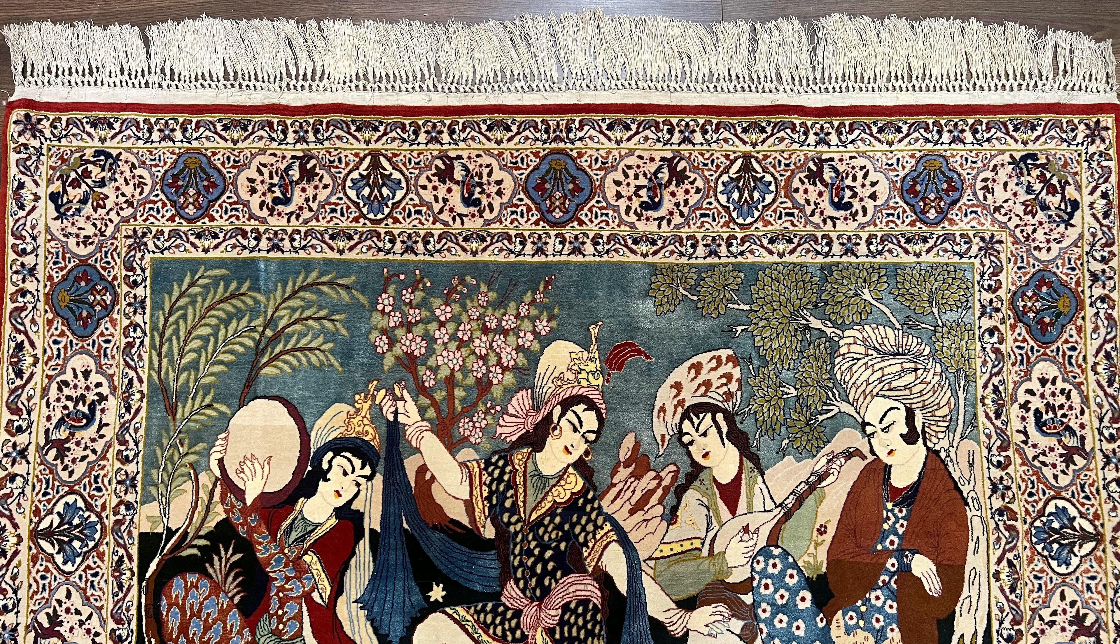 Persian Pictorial Rug 5 x 4 ft, Persian Isfahan Rug, Kork Wool on Silk Foundation, Signature from Master Weaver, Drums and Musical Instruments, Birds, Detailed