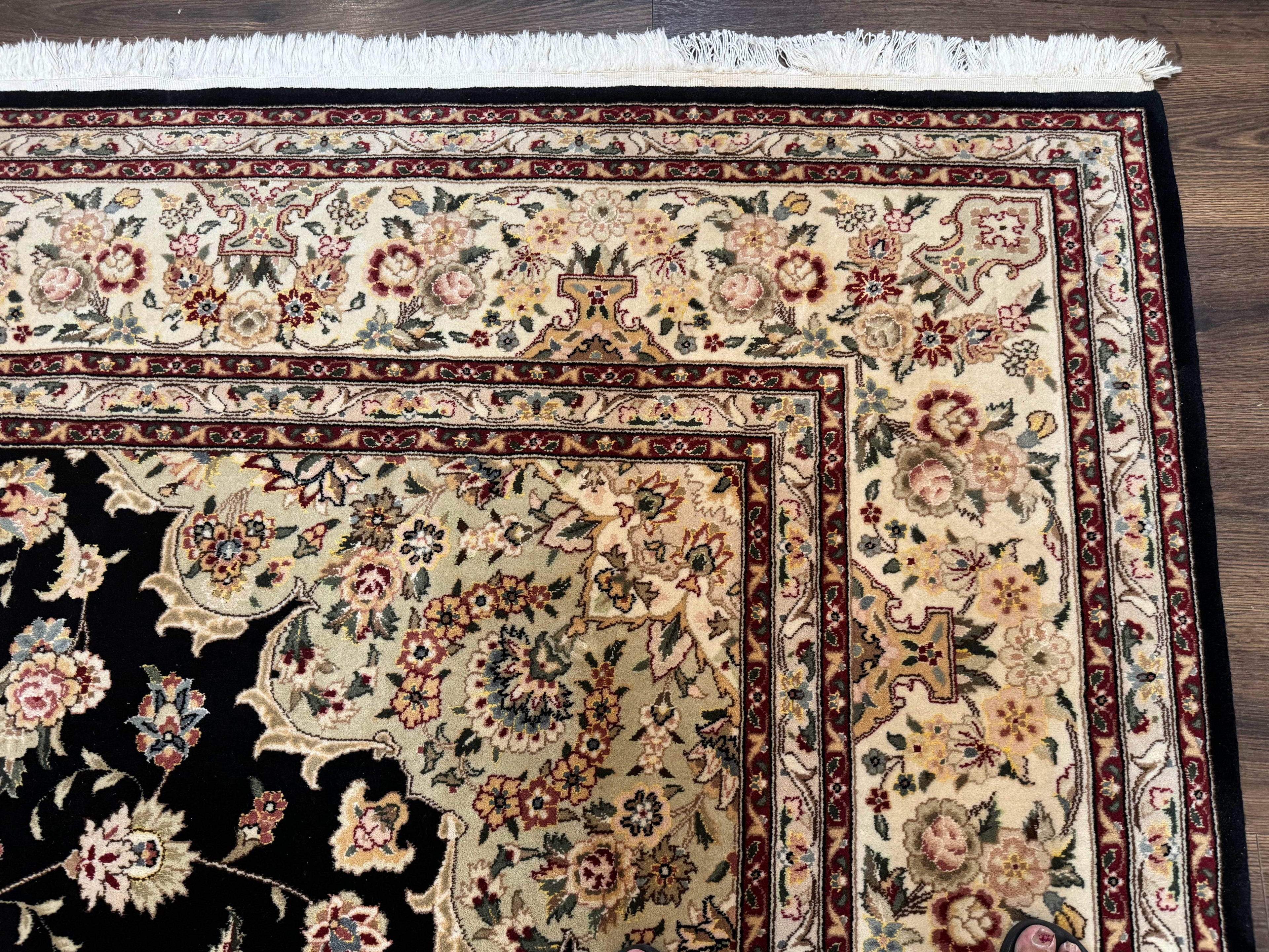 Sino Persian Rug 9x12, Black and Beige, Floral Medallion, Wool & Silk, Handmade