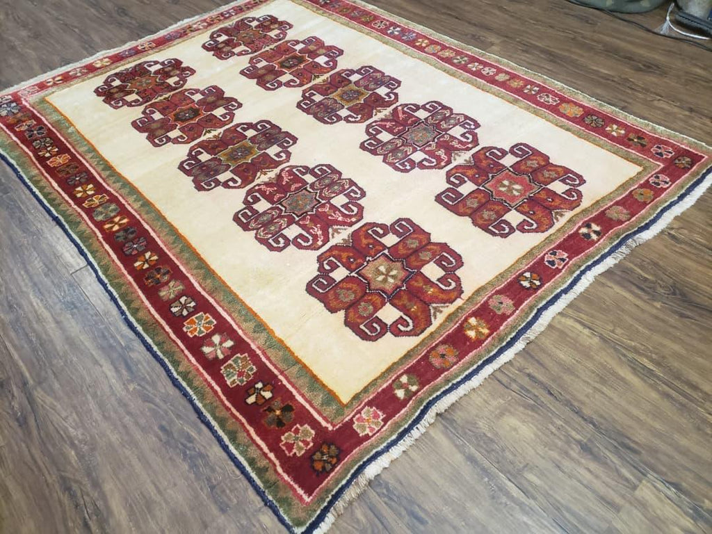 Vintage Persian Gabbeh Rug, Dark Red & Cream, Hand-Knotted, 5' x 6' 4"
