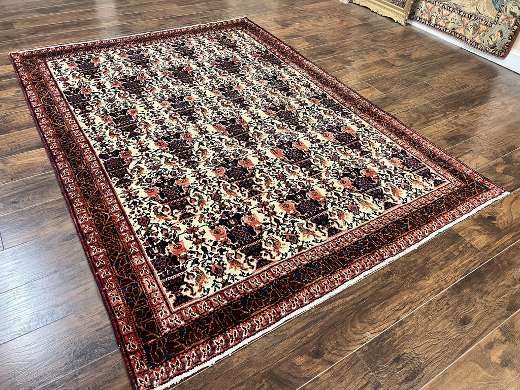 Persian Afshar Rug 6x8, Wool Hand Knotted Semi Antique Vintage Carpet, Floral Allover, Repeated Birds Flowers Vases Motifs